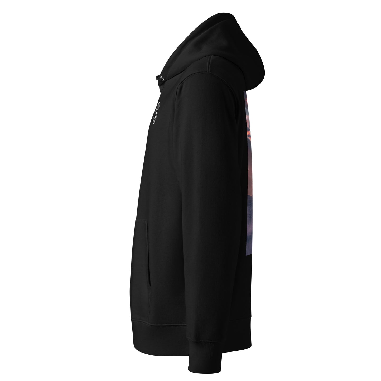 Side angle showing the double-layered hood and comfortable regular fit of the eco-friendly Nacreous Clouds hoodie.