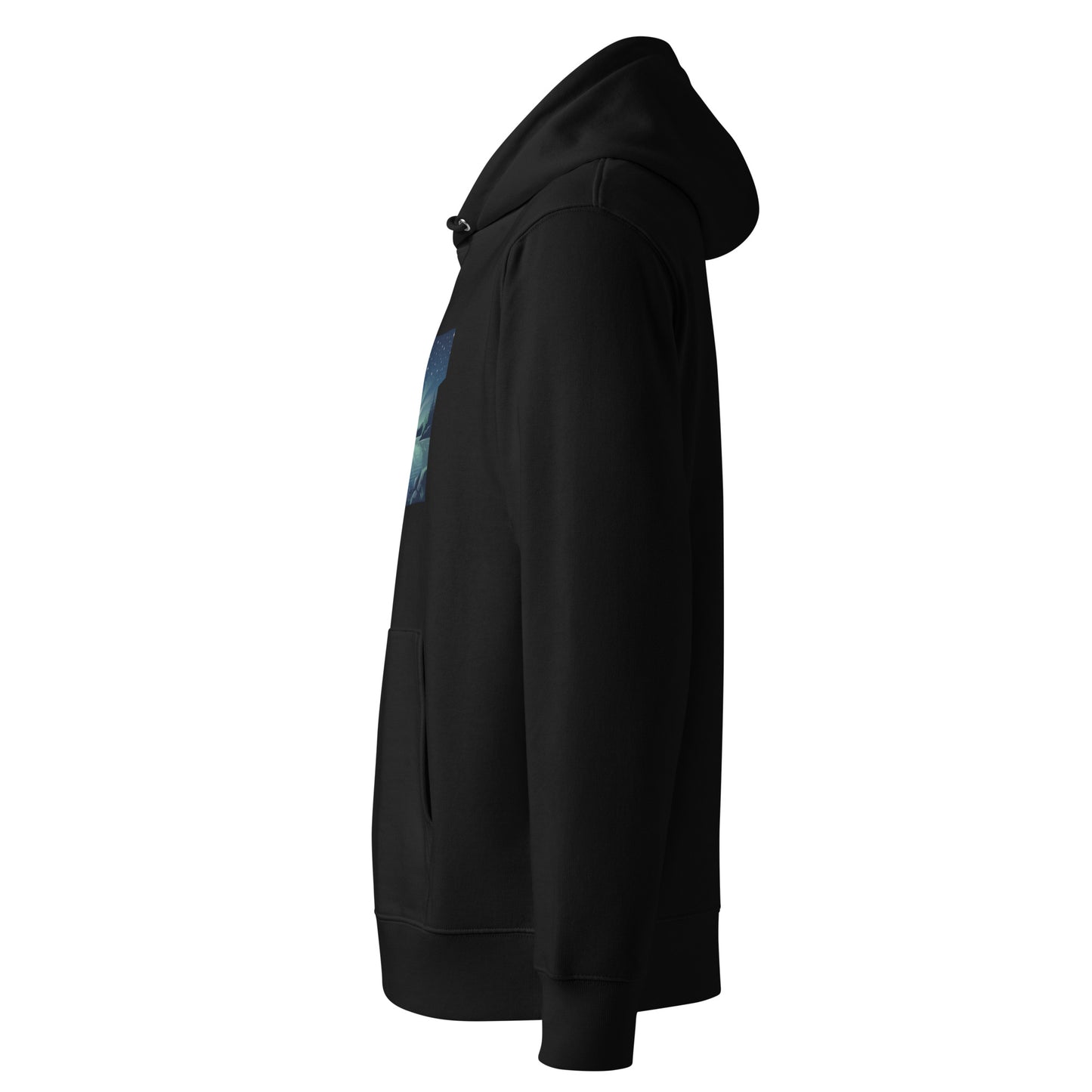 Side angle of a black organic cotton hoodie, showing the comfortable regular fit and cozy double-layered hood.