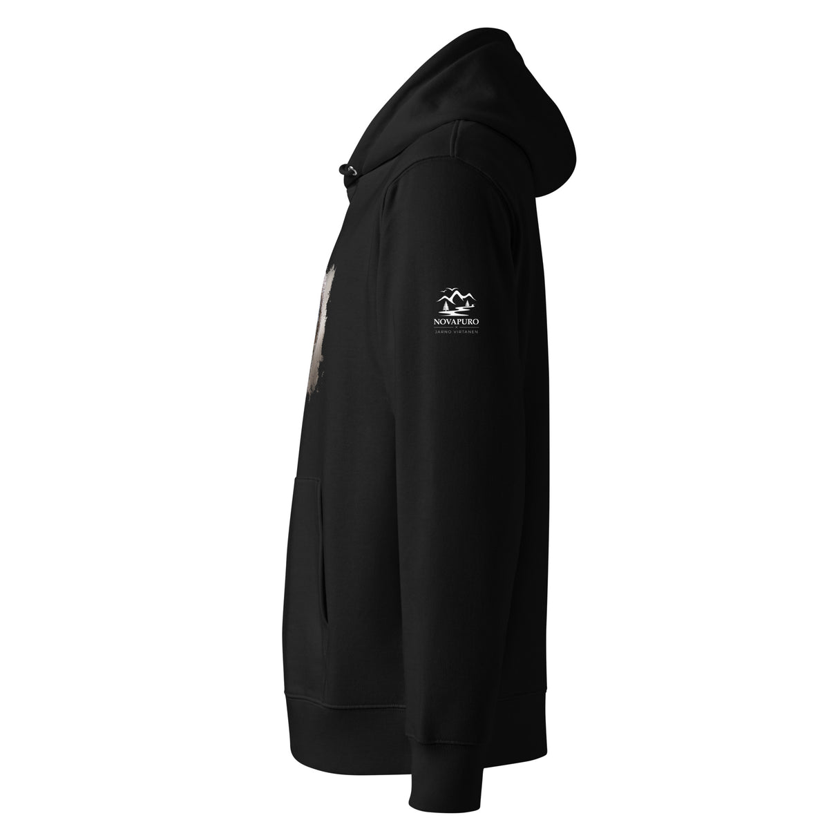 Side view of black Novapuro organic cotton hoodie showcasing relaxed fit and durable organic fabric.