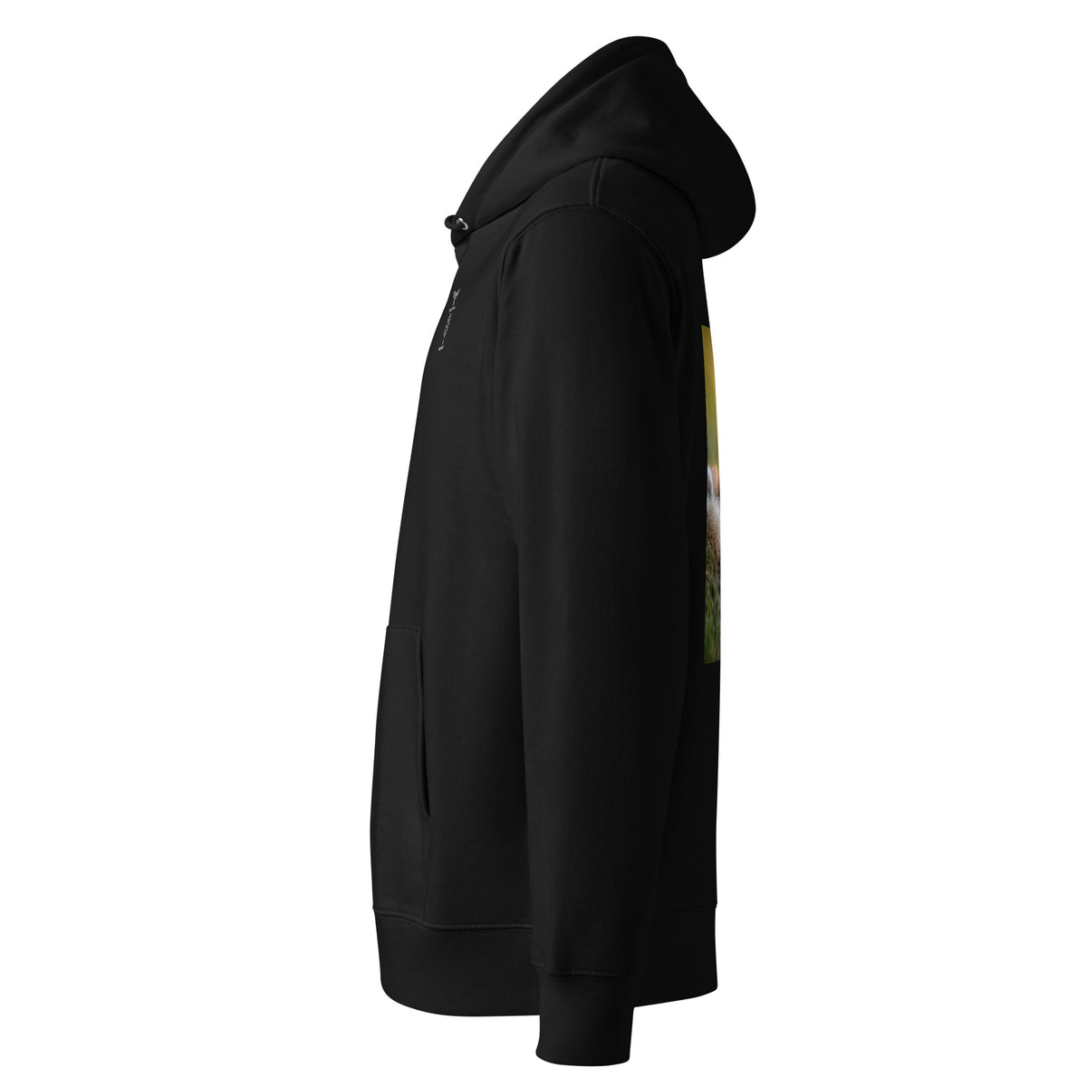 Back view of the black eco-friendly hoodie, showcasing the wildlife photography print of a sleeping fox by Mikko Monto.