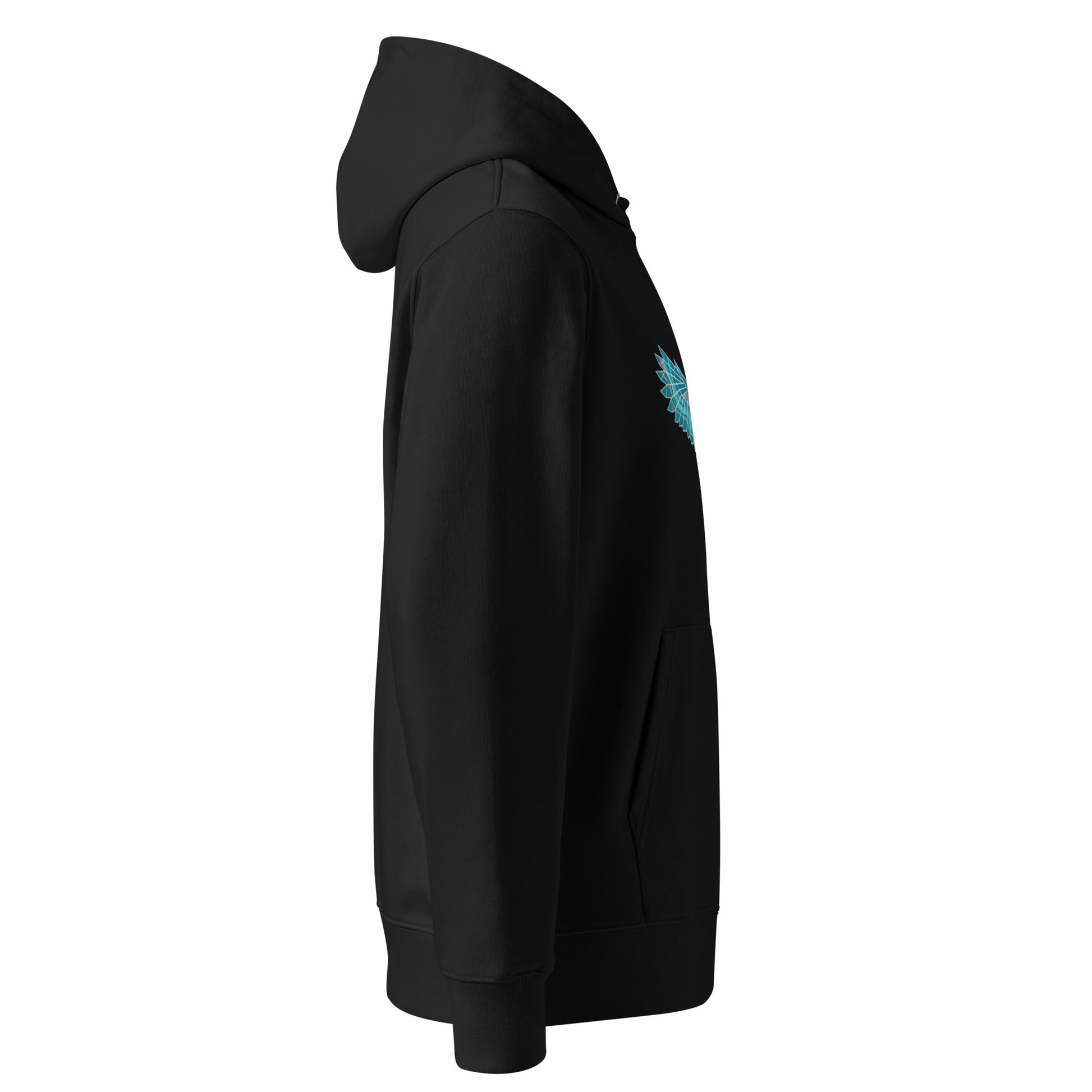 Side view of the eco-friendly Novapuro black hoodie showing the comfortable fit and set-in sleeves.