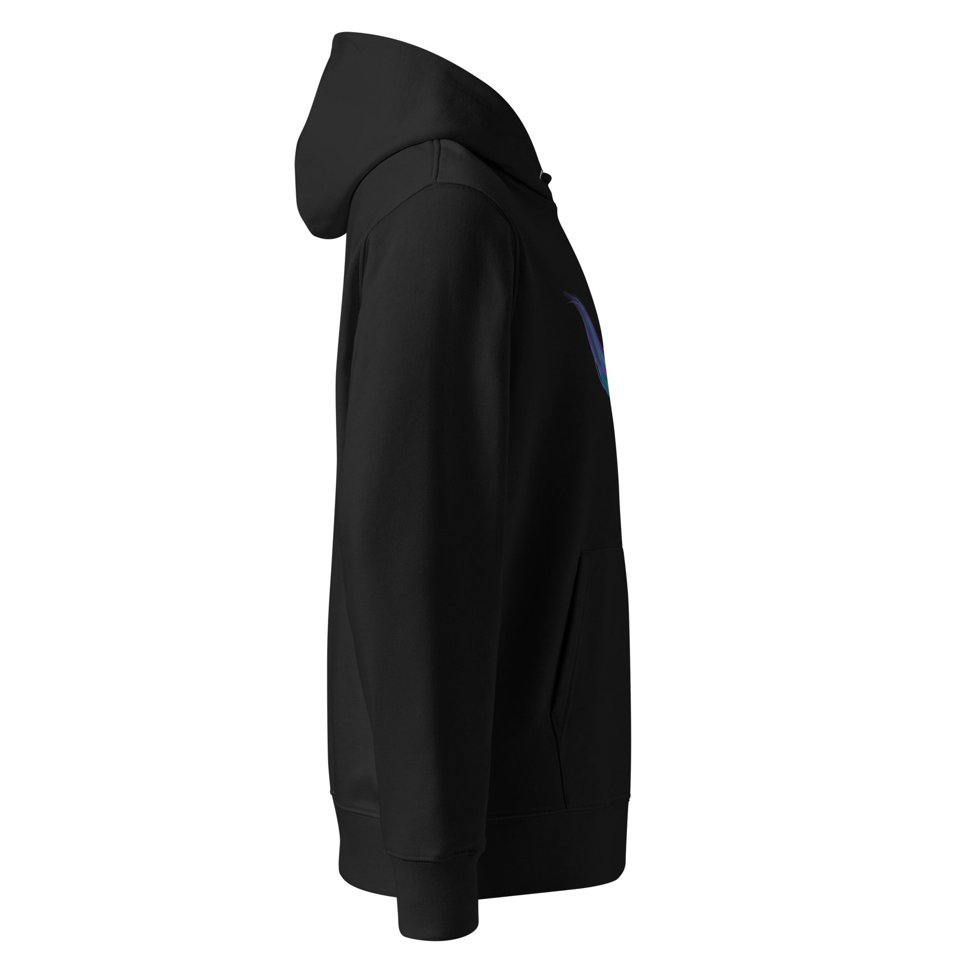 Side view of the comfortable black Novapuro organic hoodie showing the set-in sleeves.