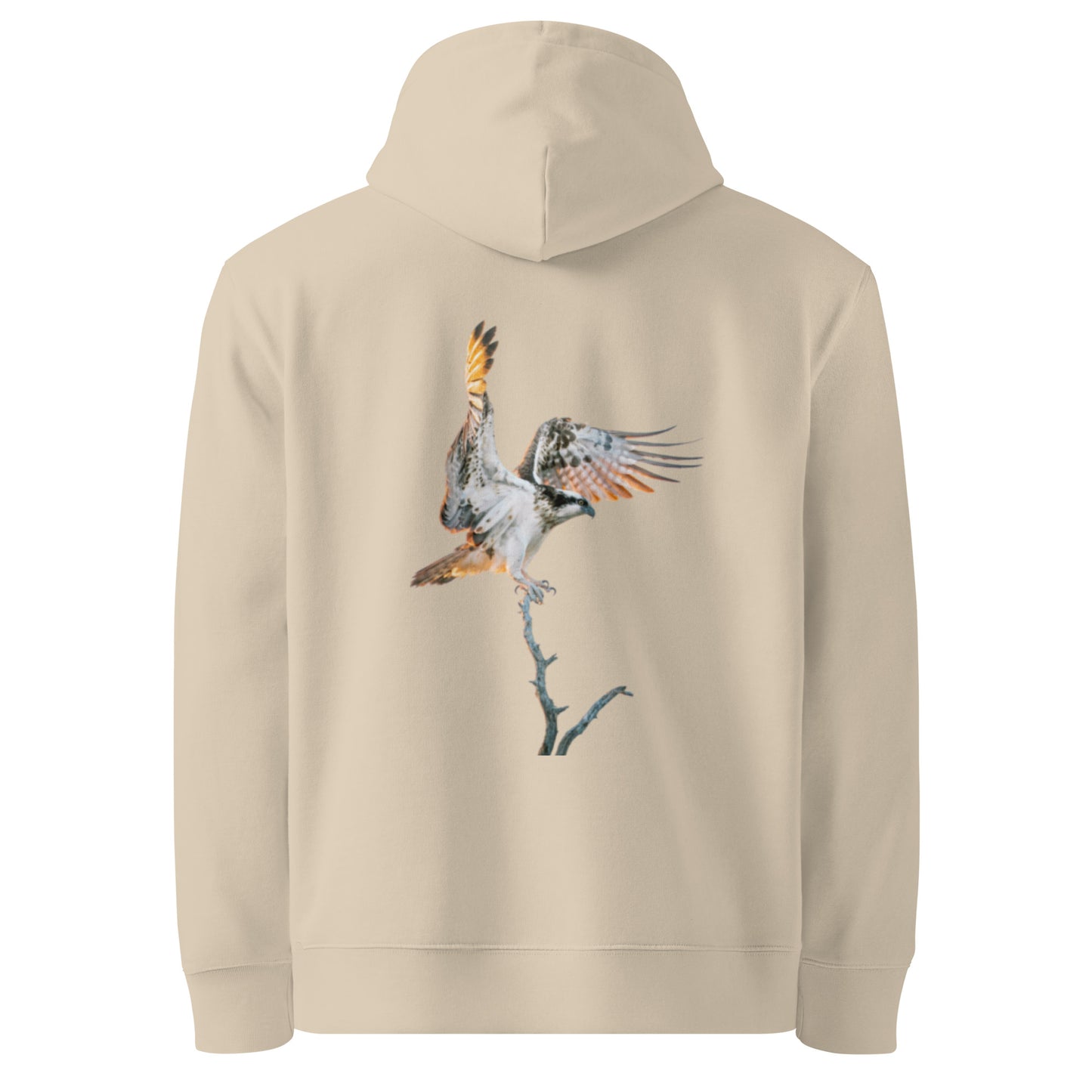 Back view of a sand-colored organic hoodie featuring Osprey wildlife stippling art.