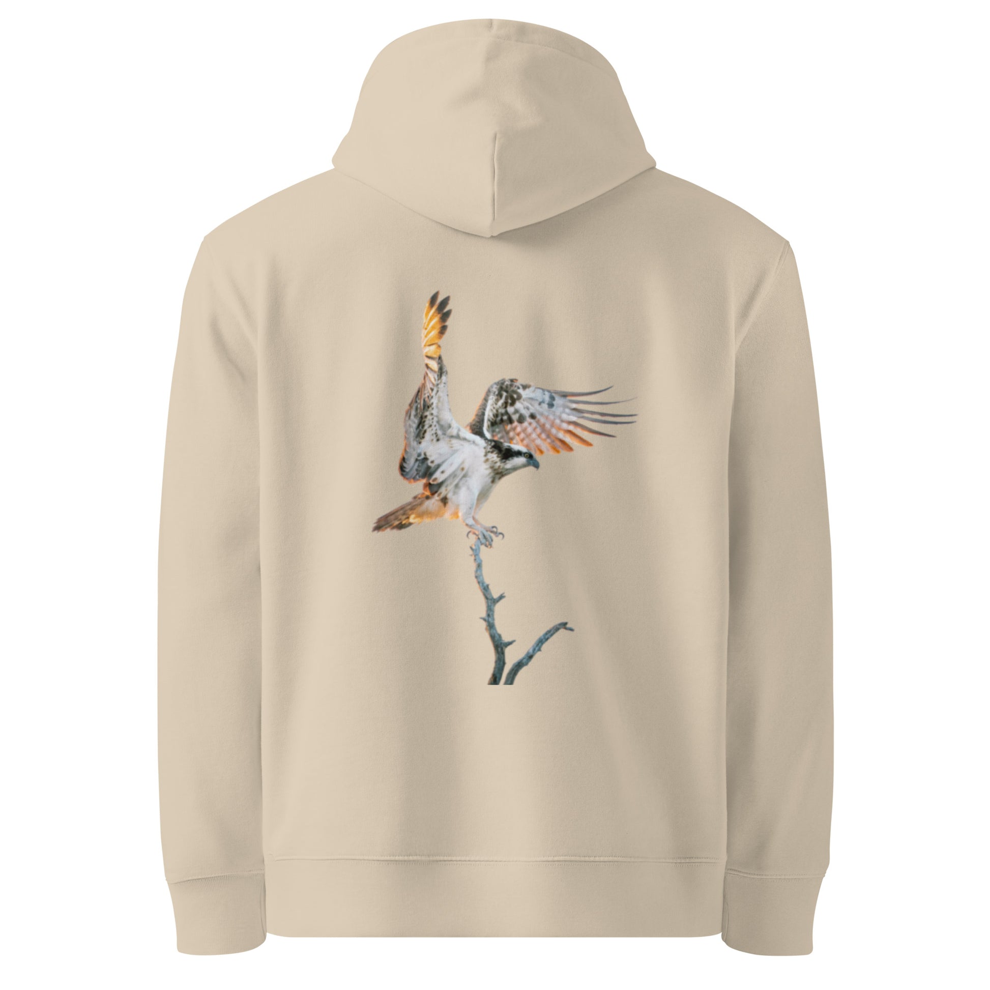 Back view of a sand-colored organic hoodie featuring Osprey wildlife stippling art.