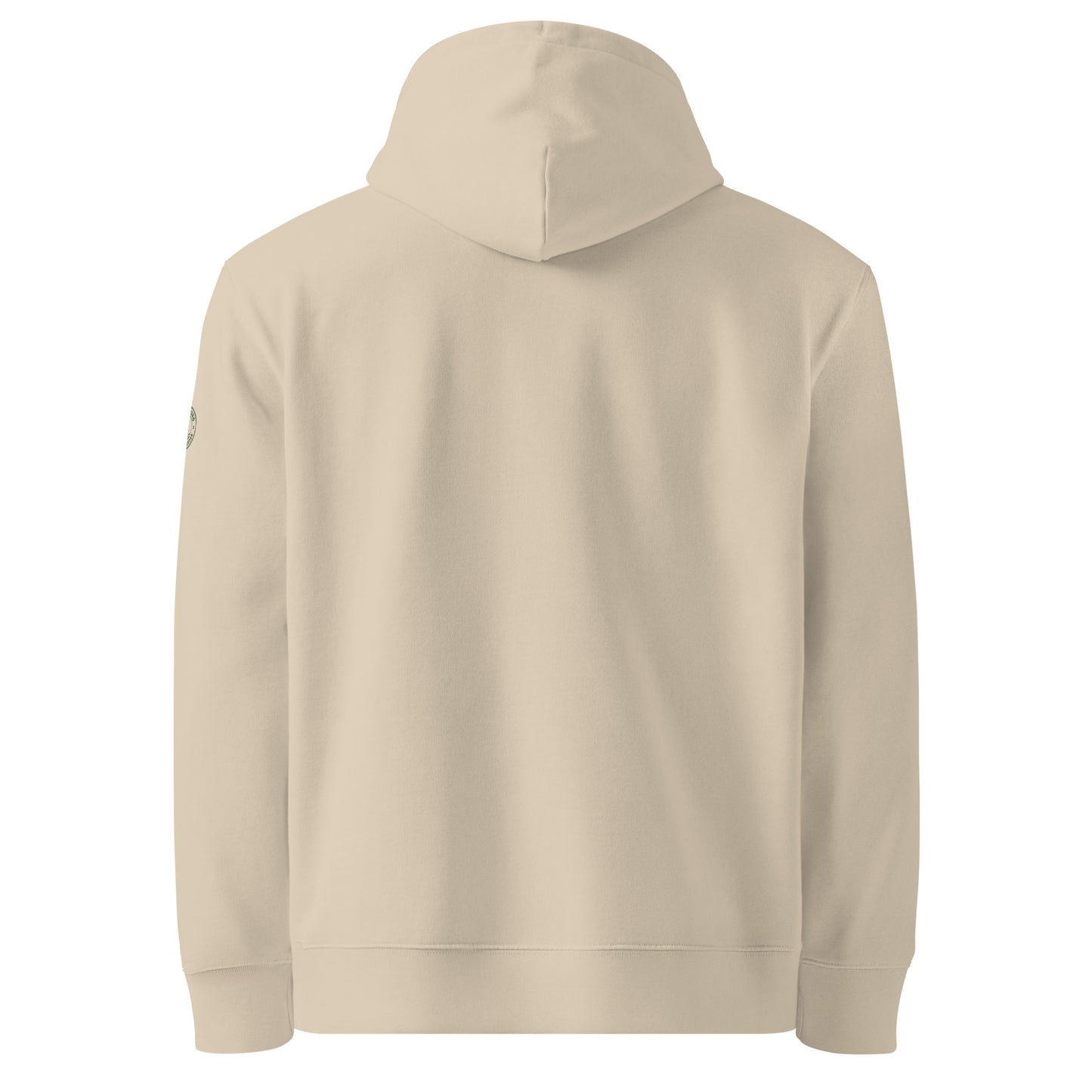 Back view of the sustainable sand-colored heavyweight organic cotton hoodie from the Jetro Luhtaa nature collection.
