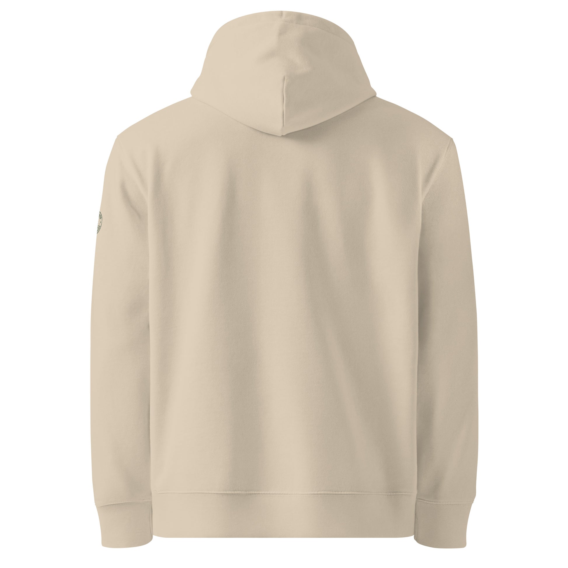 Back view of the sustainable sand-colored heavyweight organic cotton hoodie from the Jetro Luhtaa nature collection.