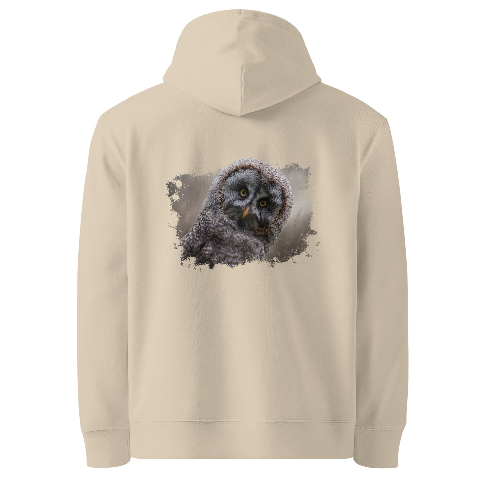Back view of the Desert Dust Novapuro organic cotton hoodie featuring an authentic Great Grey Owl wildlife illustration by Jarno Virtanen