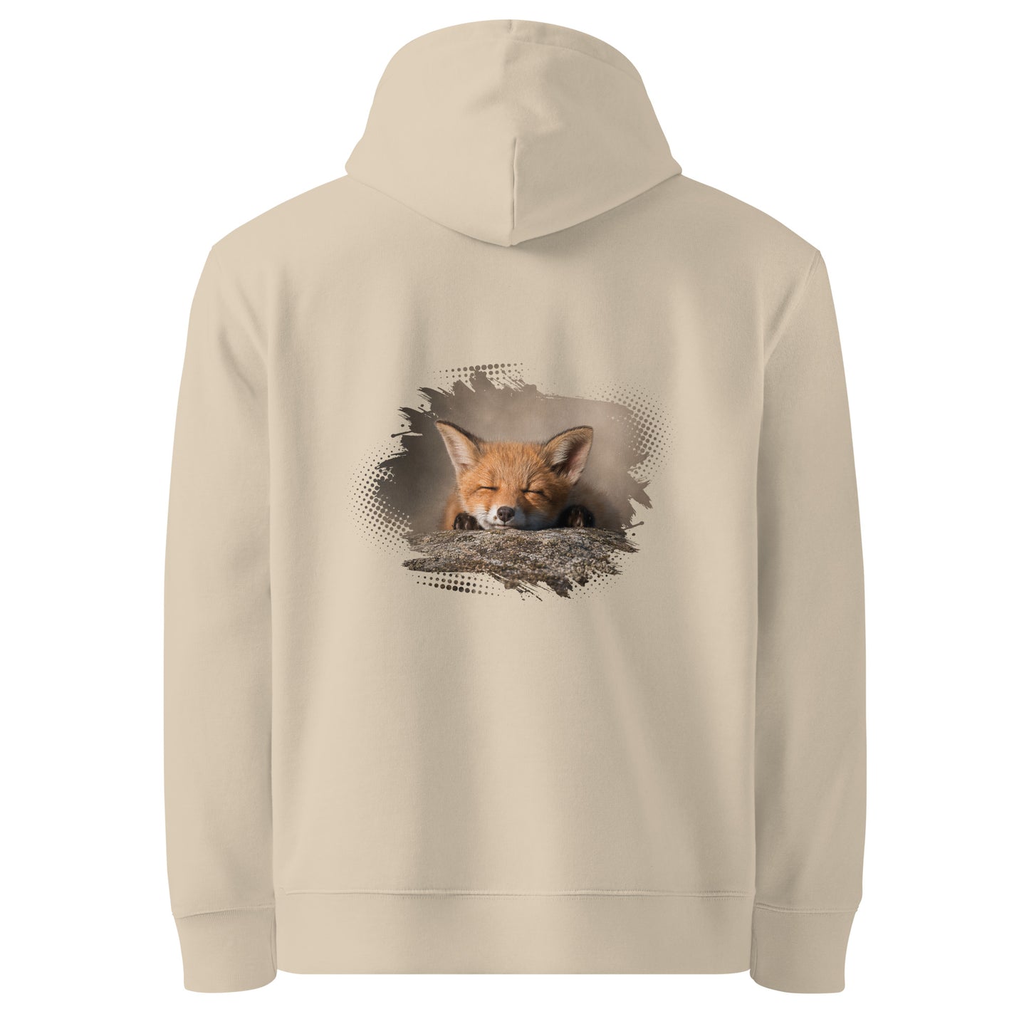 Back view of the Desert Dust Novapuro organic cotton hoodie featuring an authentic sleeping red fox kit wildlife illustration by Jarno Virtanen