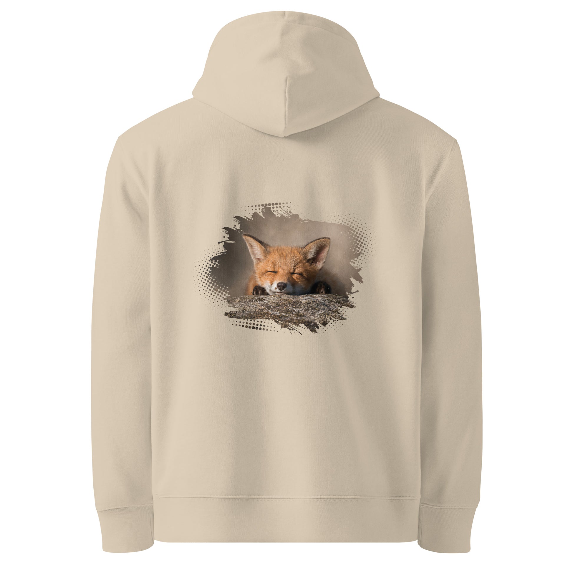 Back view of the Desert Dust Novapuro organic cotton hoodie featuring an authentic sleeping red fox kit wildlife illustration by Jarno Virtanen