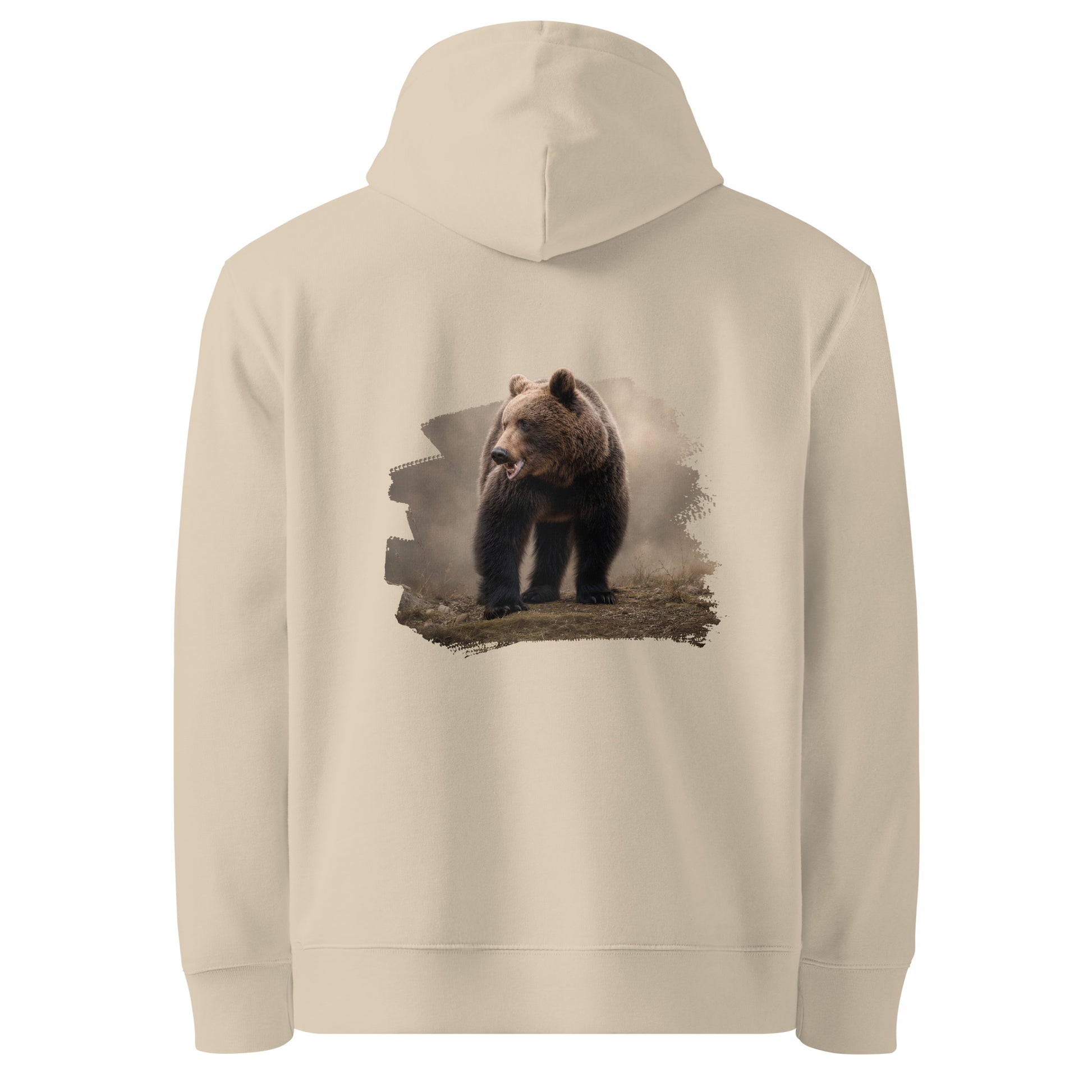 Back view of the Desert Dust Novapuro organic cotton hoodie featuring an authentic Nordic brown bear wildlife illustration by Jarno Virtanen