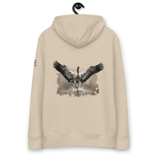Back view of a sand-colored Novapuro organic eco hoodie featuring The Dancing Crane wildlife print by Jarno Virtanen. Sustainable Nordic apparel.