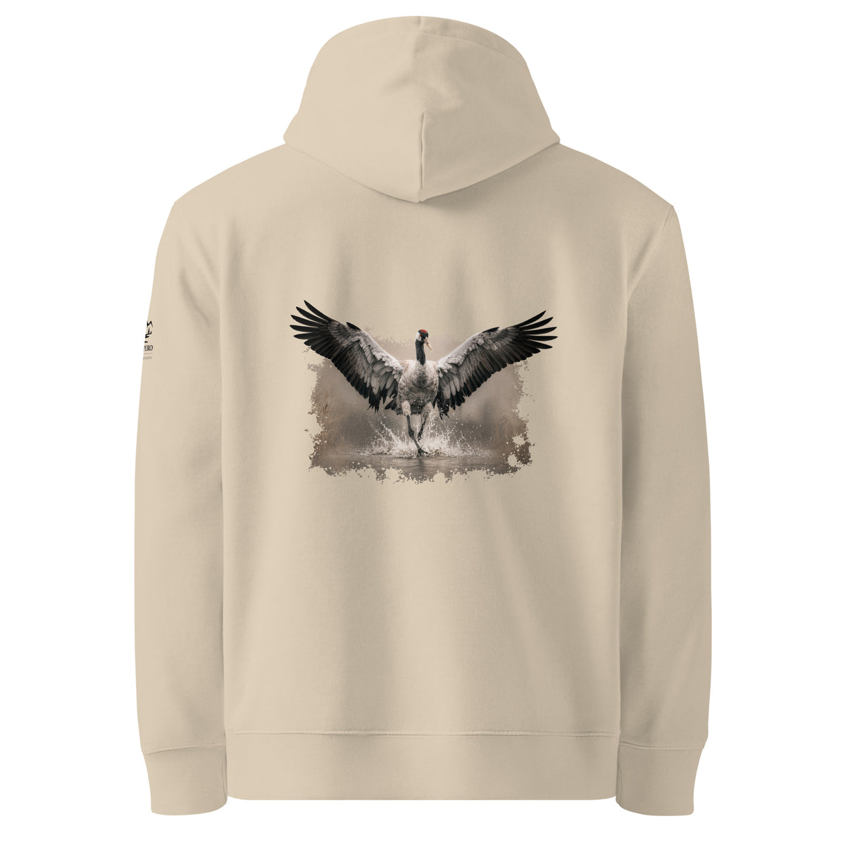 Back view of the sand-colored organic cotton hoodie featuring an authentic dancing crane wildlife photograph by Jarno Virtanen.