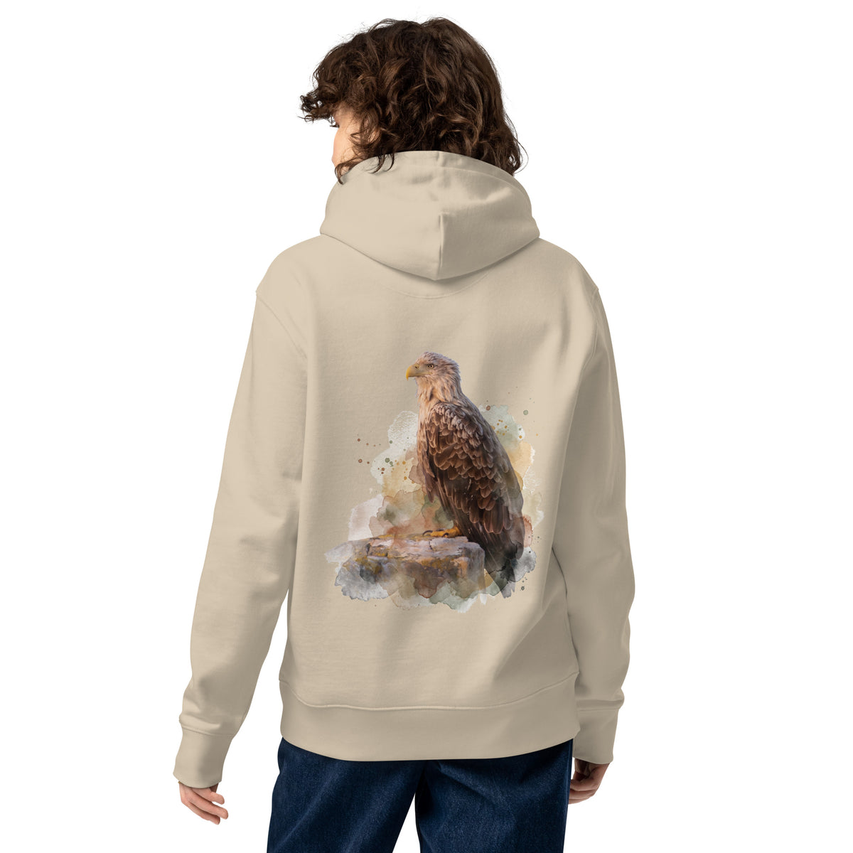 Back view of a person wearing a beige organic eco hoodie featuring a painterly white-tailed eagle wildlife print by Annette Thome Marttinen x Novapuro.
