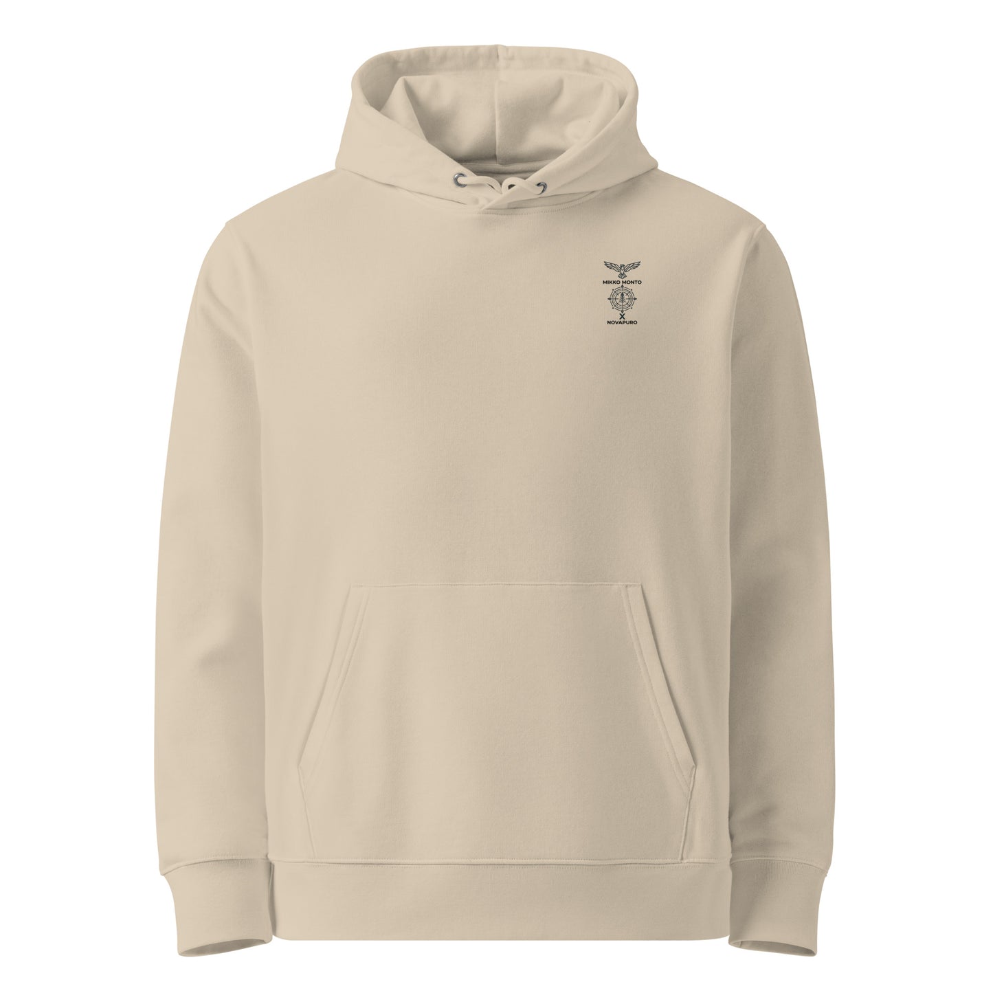 Front view of a sand-colored organic hoodie with a small Novapuro x Mikko Monto logo on the chest.