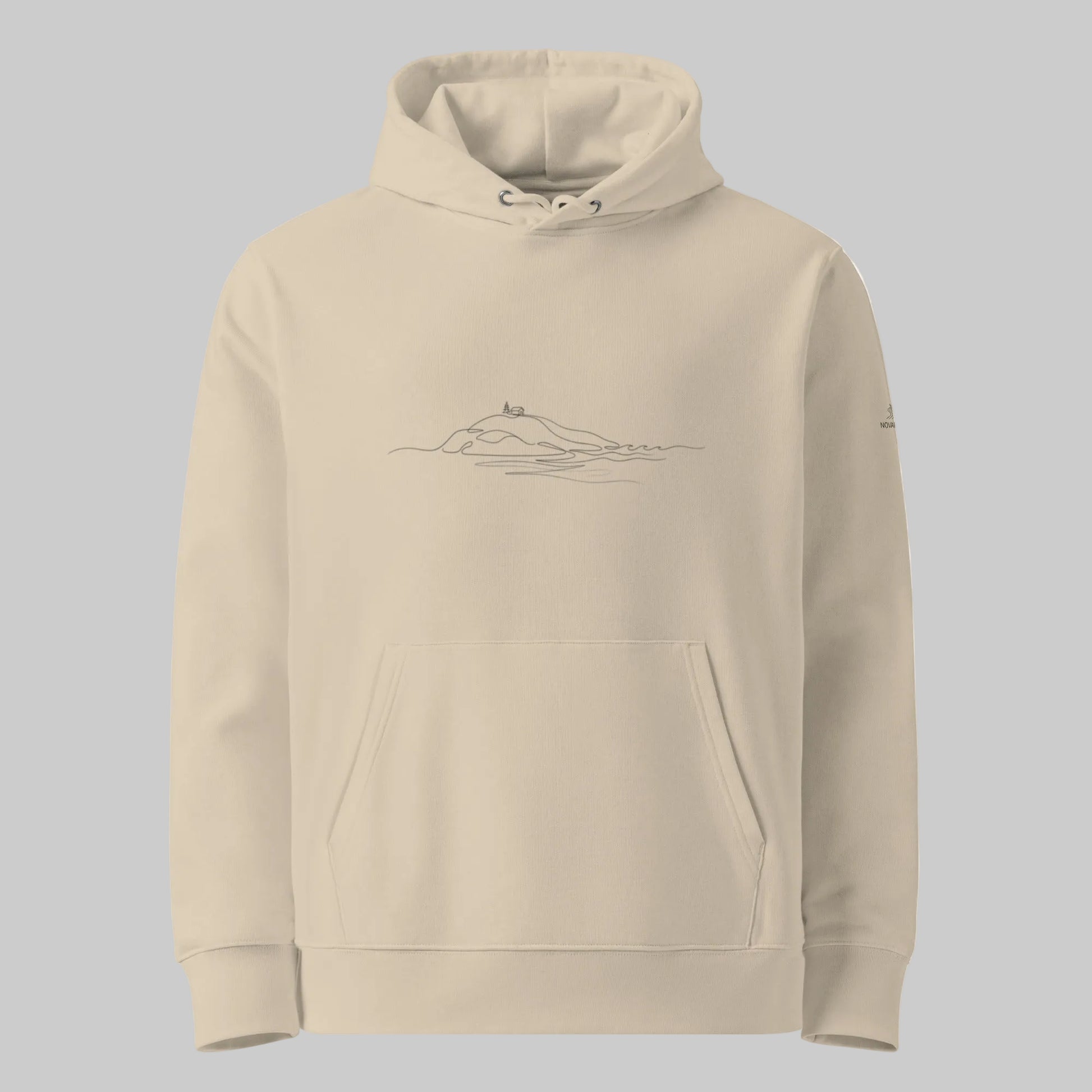 Model wearing the sandy beige Desert Dust Novapuro Archipelago Breeze 100% organic cotton eco hoodie