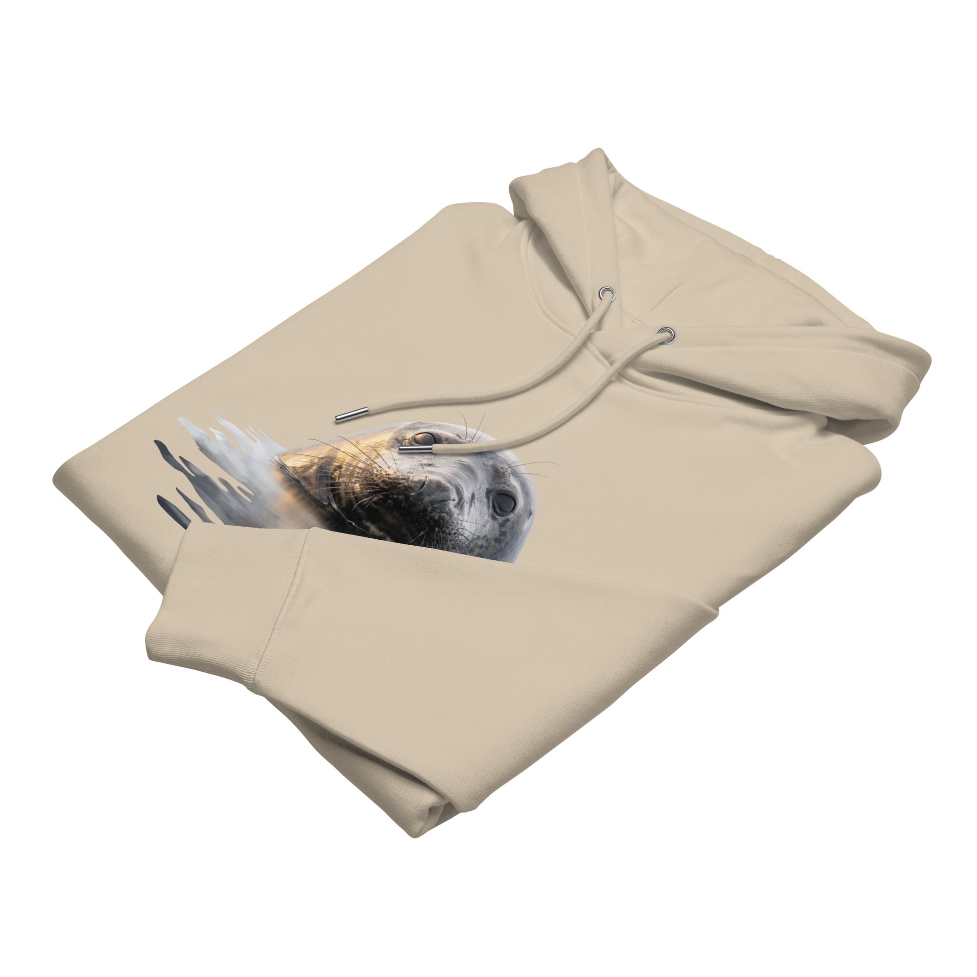 Front view of the sand-colored Jetro Luhtaa x Novapuro organic hoodie featuring a stunning Saimaa Ringed Seal photography print.