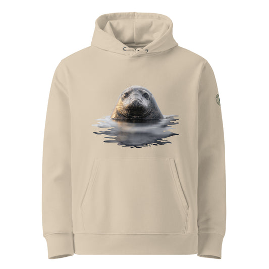 Front view of the sand-colored Jetro Luhtaa x Novapuro organic hoodie featuring a stunning Saimaa Ringed Seal photography print.