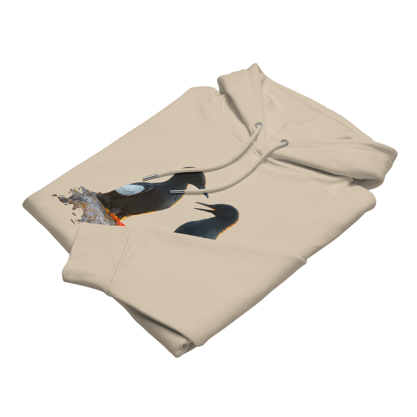 Close-up of the premium 100% organic cotton fabric and pouch pocket on the sand-colored Novapuro wildlife hoodie.