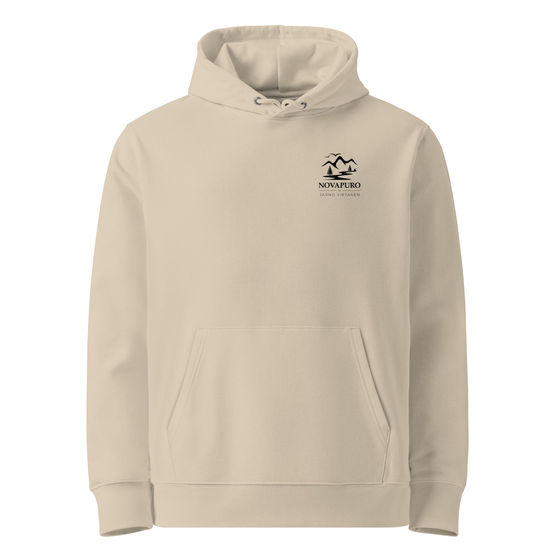 Front view of the Desert Dust Novapuro x Jarno Virtanen organic cotton eco hoodie showing a subtle Nordic mountain emblem on the chest