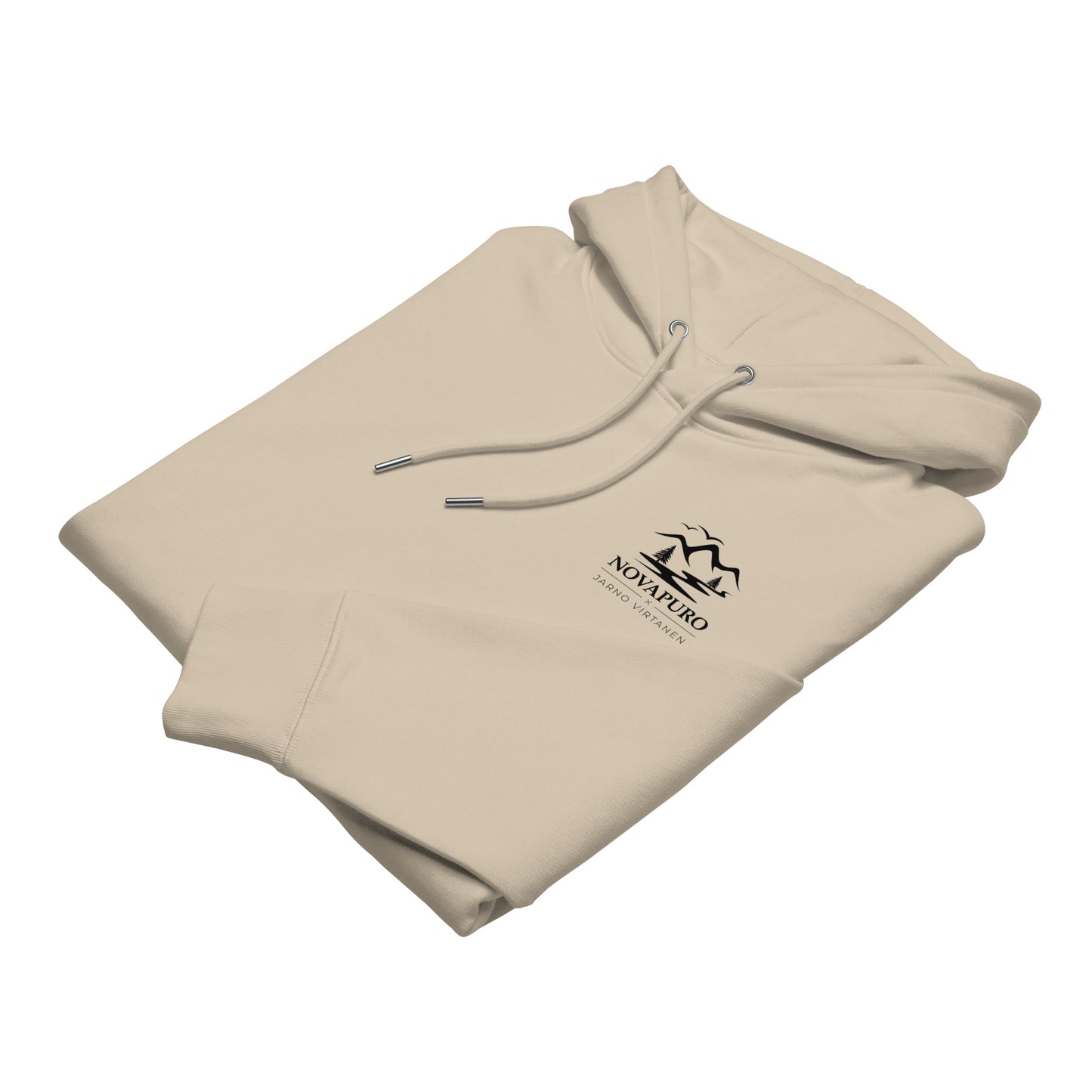 Close-up of the custom Novapuro x Jarno Virtanen inside neck label on a sustainable organic cotton hoodie