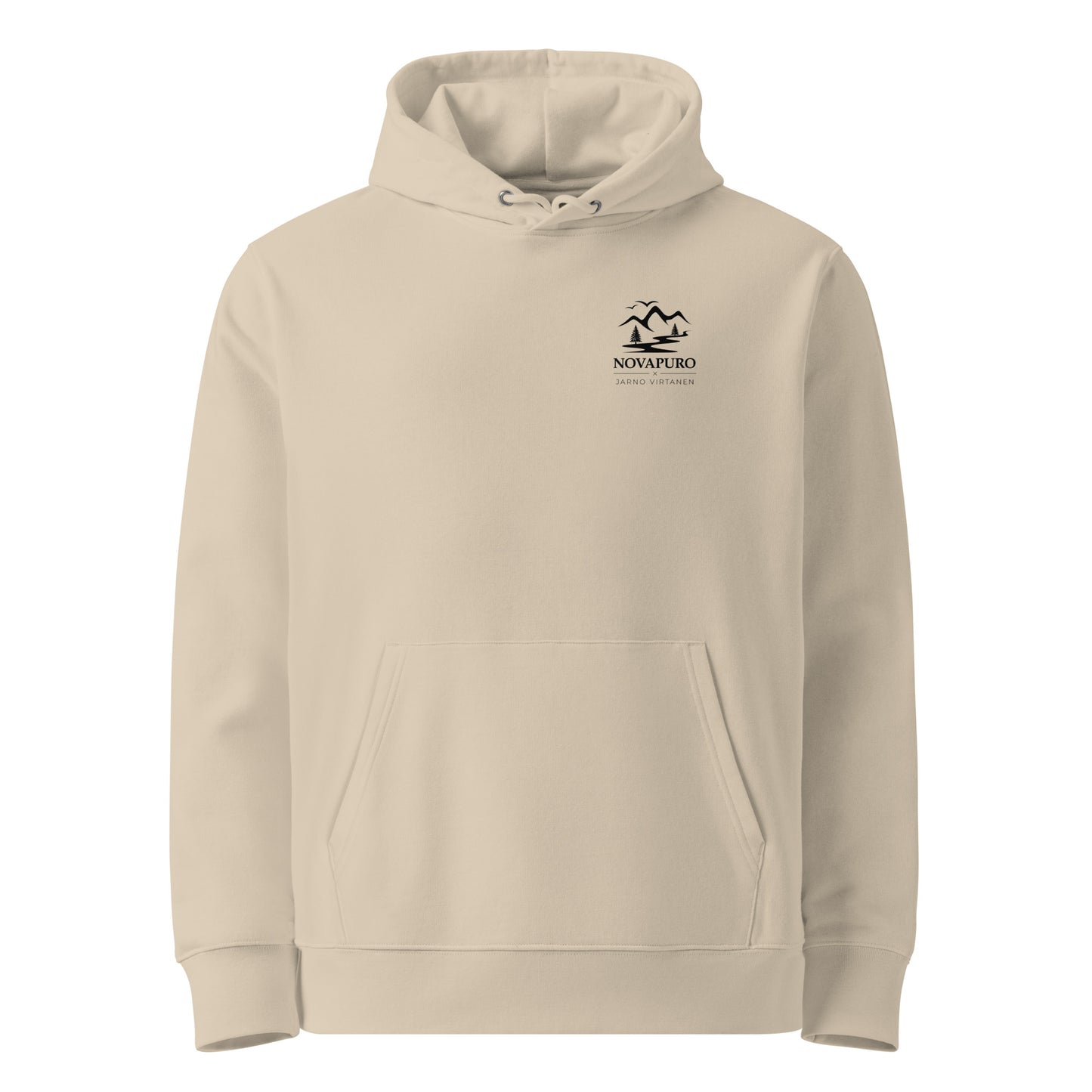 Front view of the Desert Dust Novapuro x Jarno Virtanen organic cotton eco hoodie showing a subtle Nordic mountain emblem on the chest