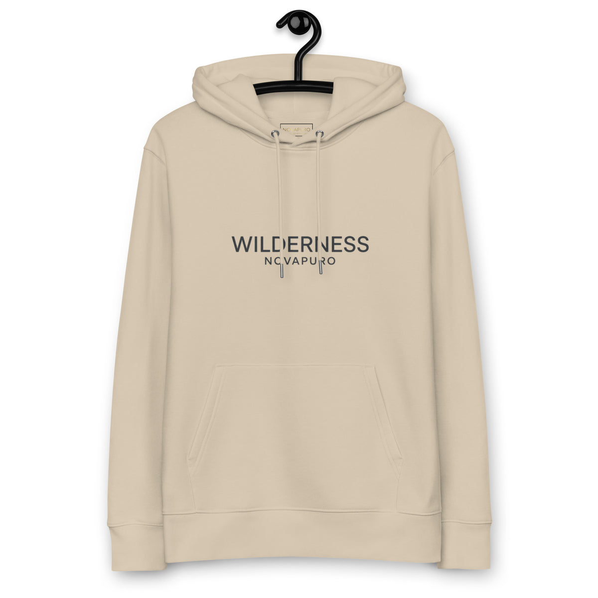 Sustainable beige organic cotton hoodie featuring minimalist Wilderness typography by Novapuro.