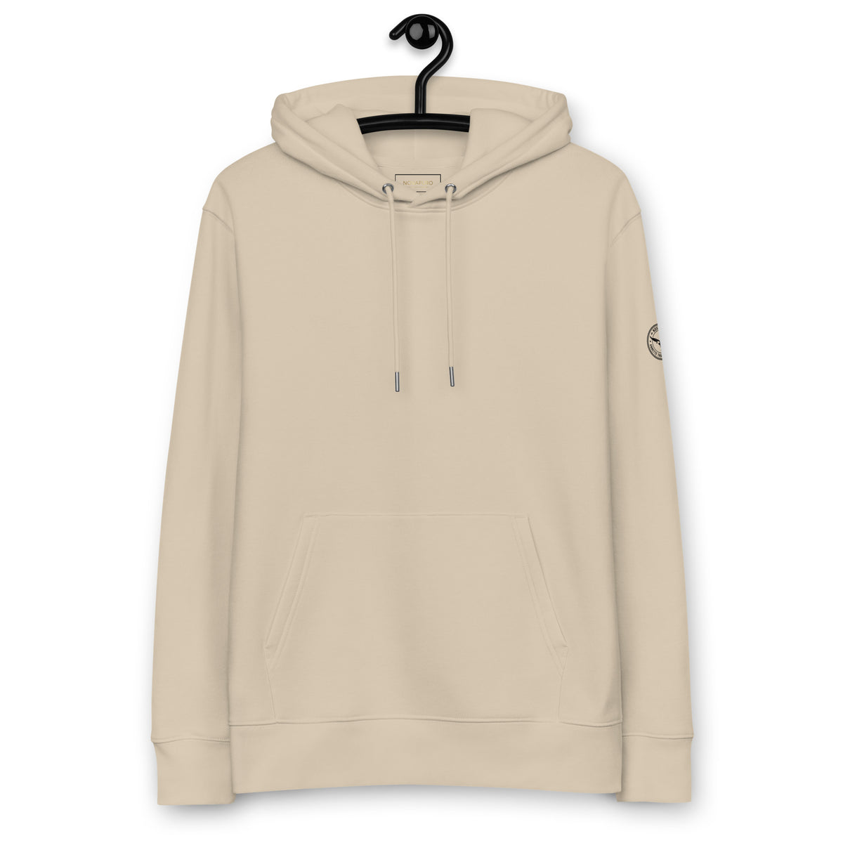 Back view of a person wearing a beige organic eco hoodie featuring a painterly white-tailed eagle wildlife print by Annette Thome Marttinen x Novapuro.