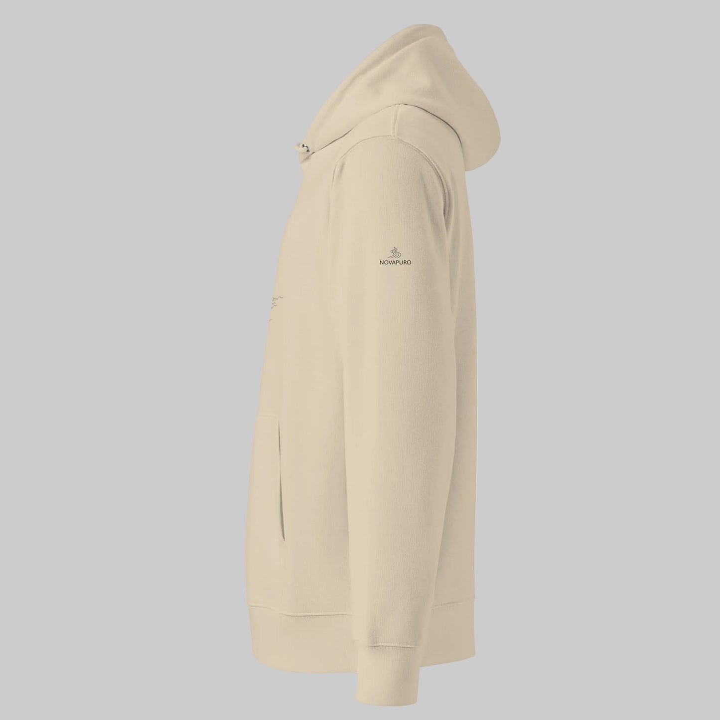 Model wearing the sandy beige Desert Dust Novapuro Archipelago Breeze 100% organic cotton eco hoodie