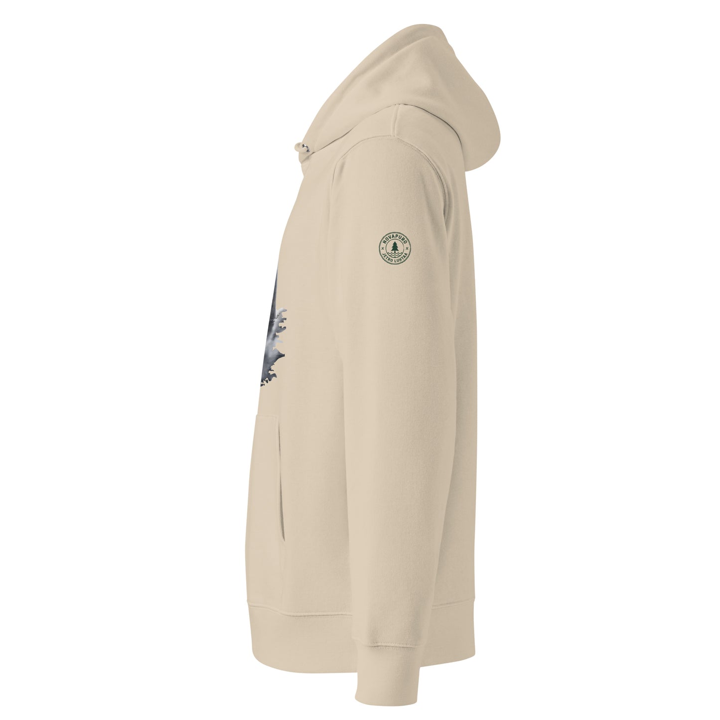 Side angle showing the double-layered hood and comfortable regular fit of the eco-friendly Saimaa Ringed Seal hoodie.
