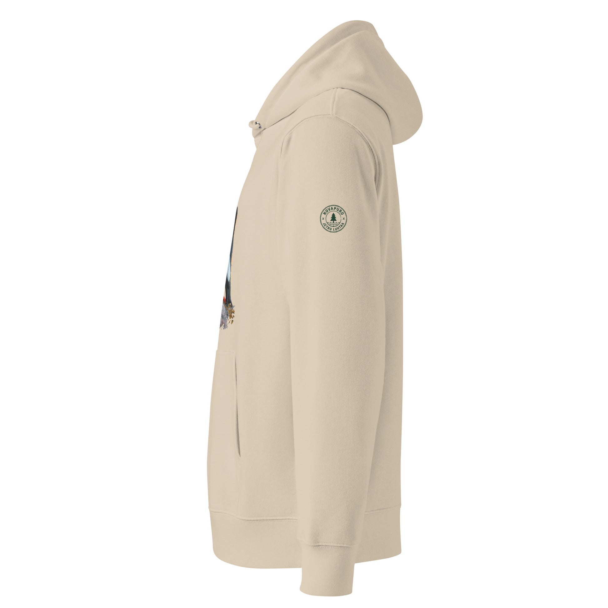 Side angle showing the double-layered hood and comfortable regular fit of the eco-friendly coastal bird hoodie.