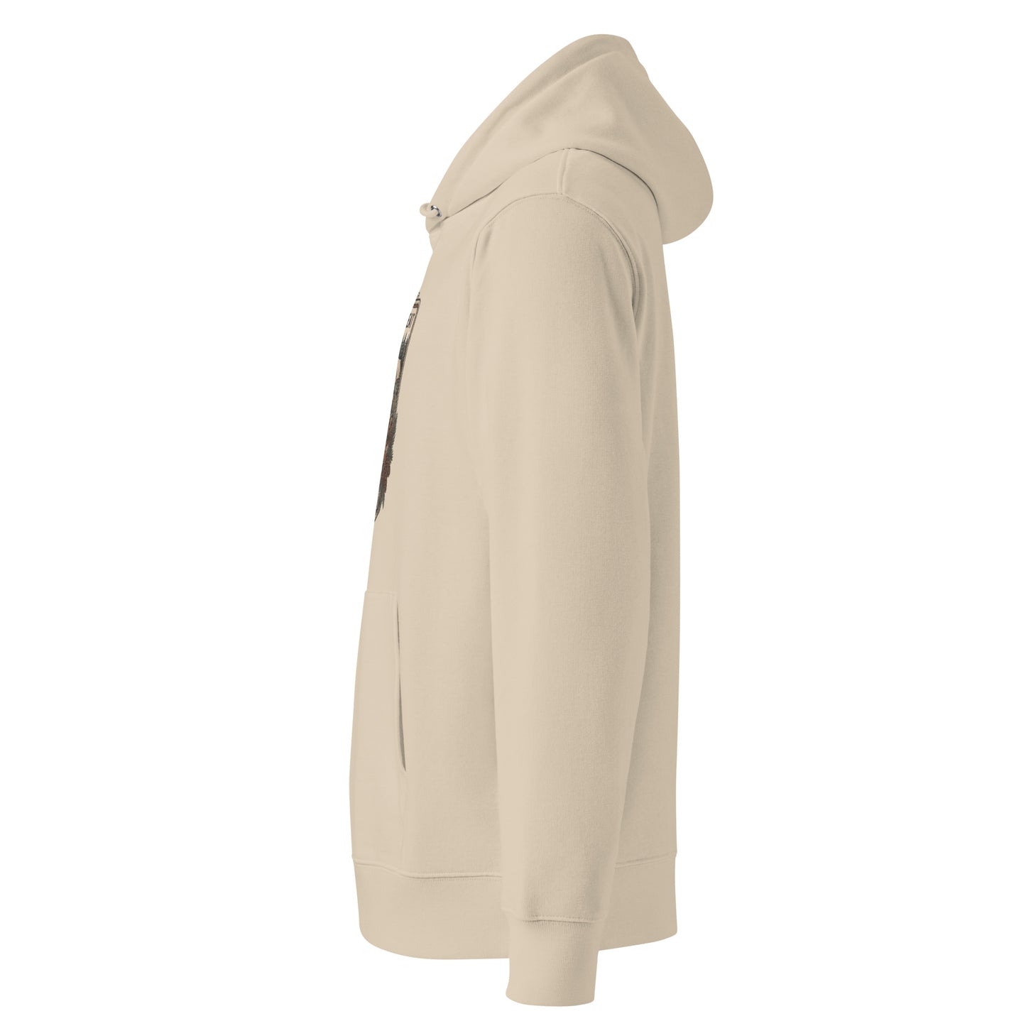 Side angle of a desert dust beige organic cotton hoodie showing the comfortable regular fit and cozy hood.
