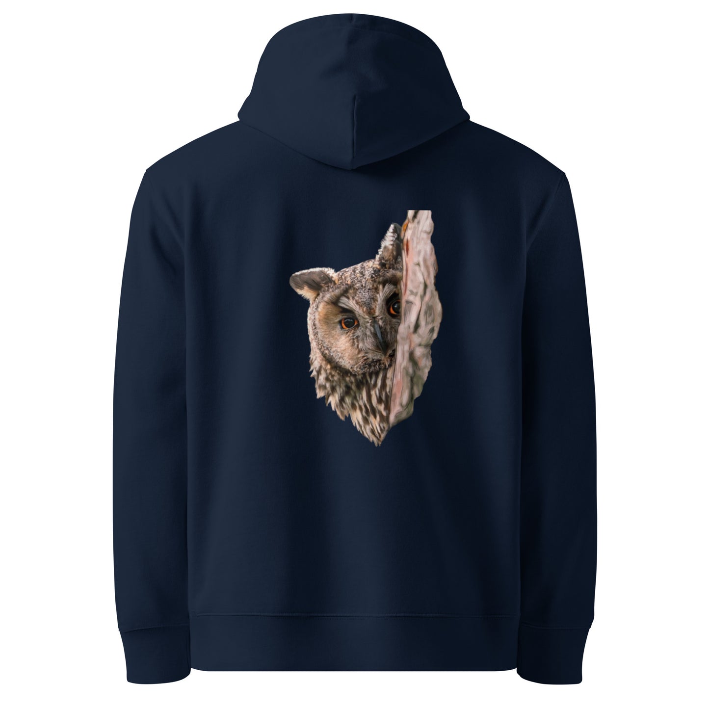 Front view of a model wearing a black organic hoodie featuring a stippling art print of a Long-eared Owl by Mikko Monto.