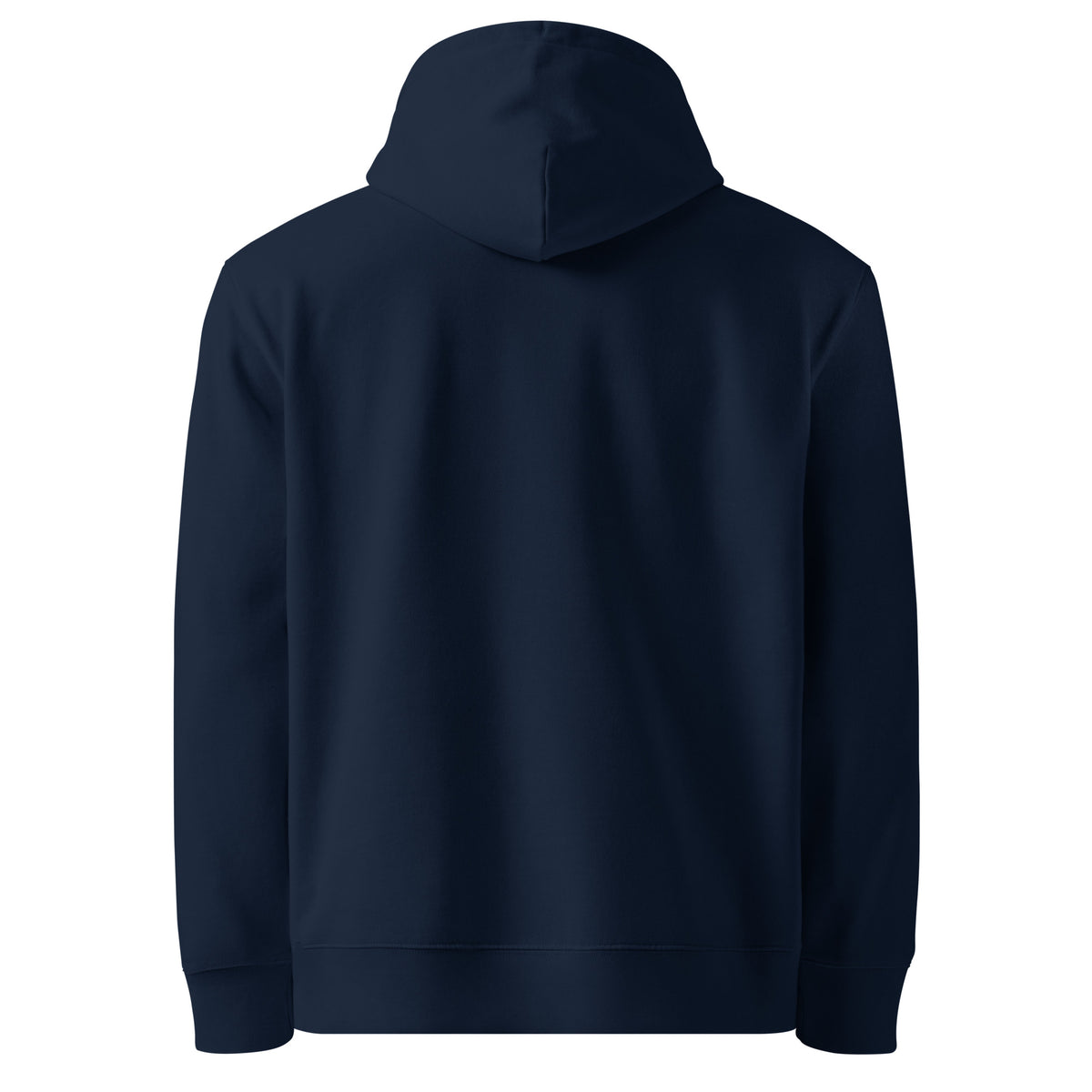 Back view of the blank French Navy blue premium organic cotton hoodie by Novapuro.