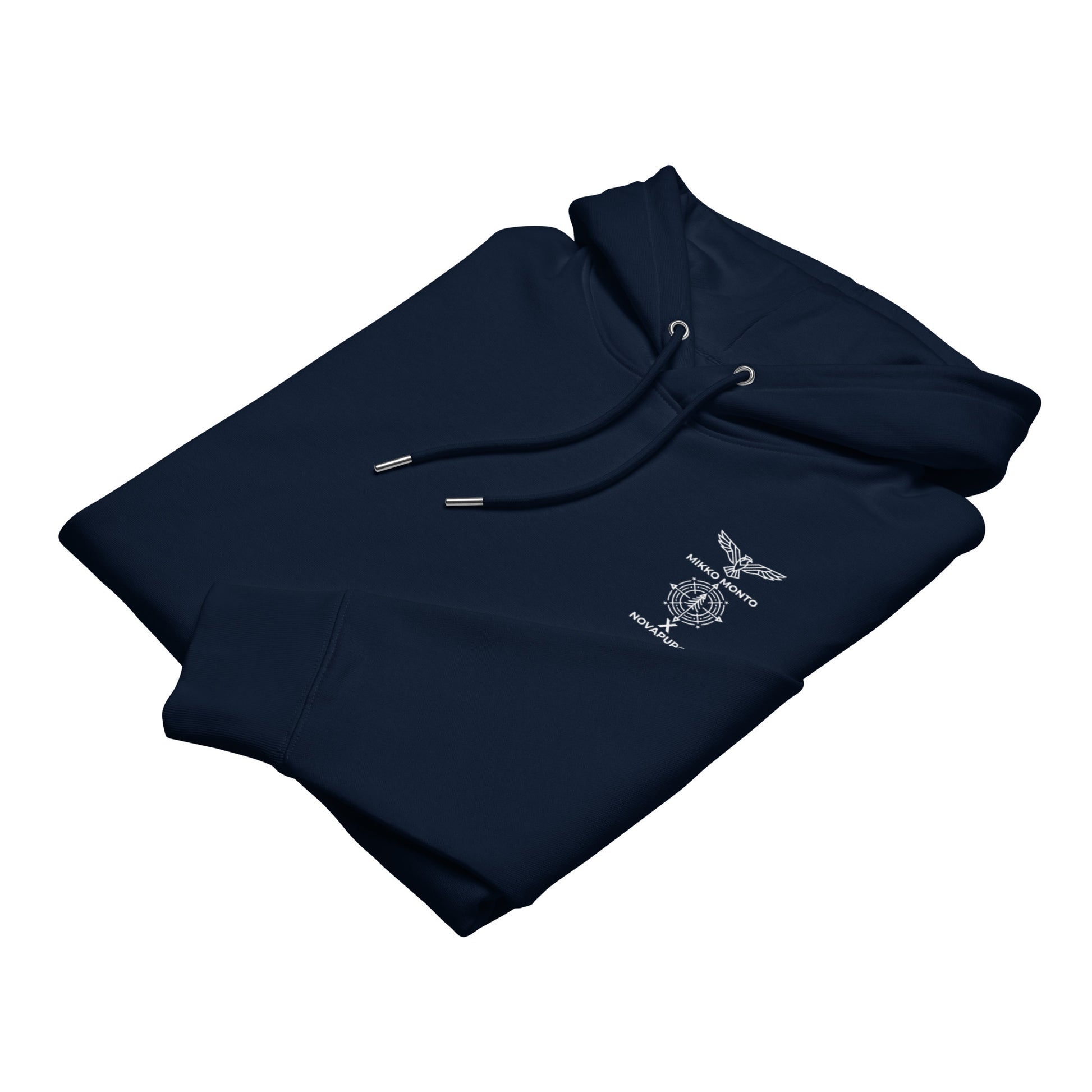 Front view of a black organic hoodie with a detailed Long-eared Owl wildlife stippling art print.