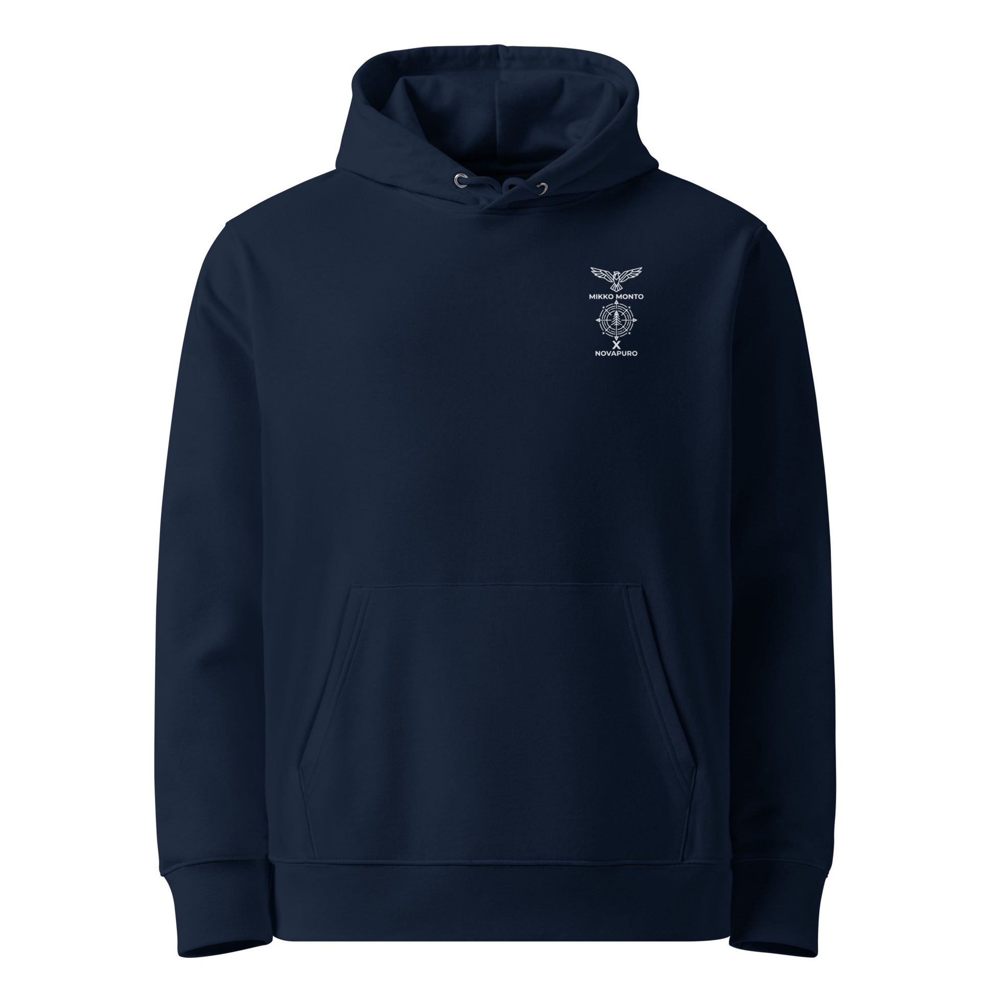 Front view of a black organic hoodie with a detailed Long-eared Owl wildlife stippling art print.