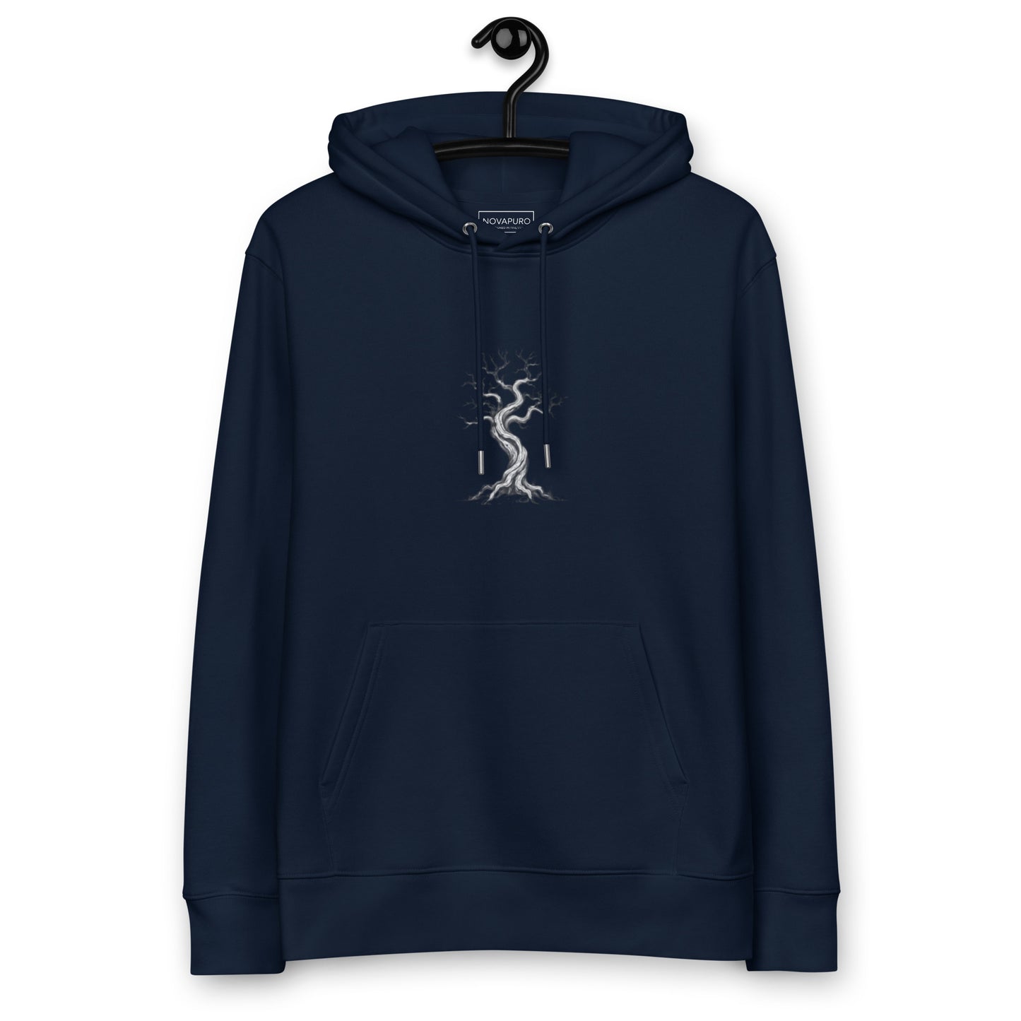 Sustainable dark blue heavyweight organic cotton hoodie with minimalist Nordic kelo pine tree design by Novapuro.