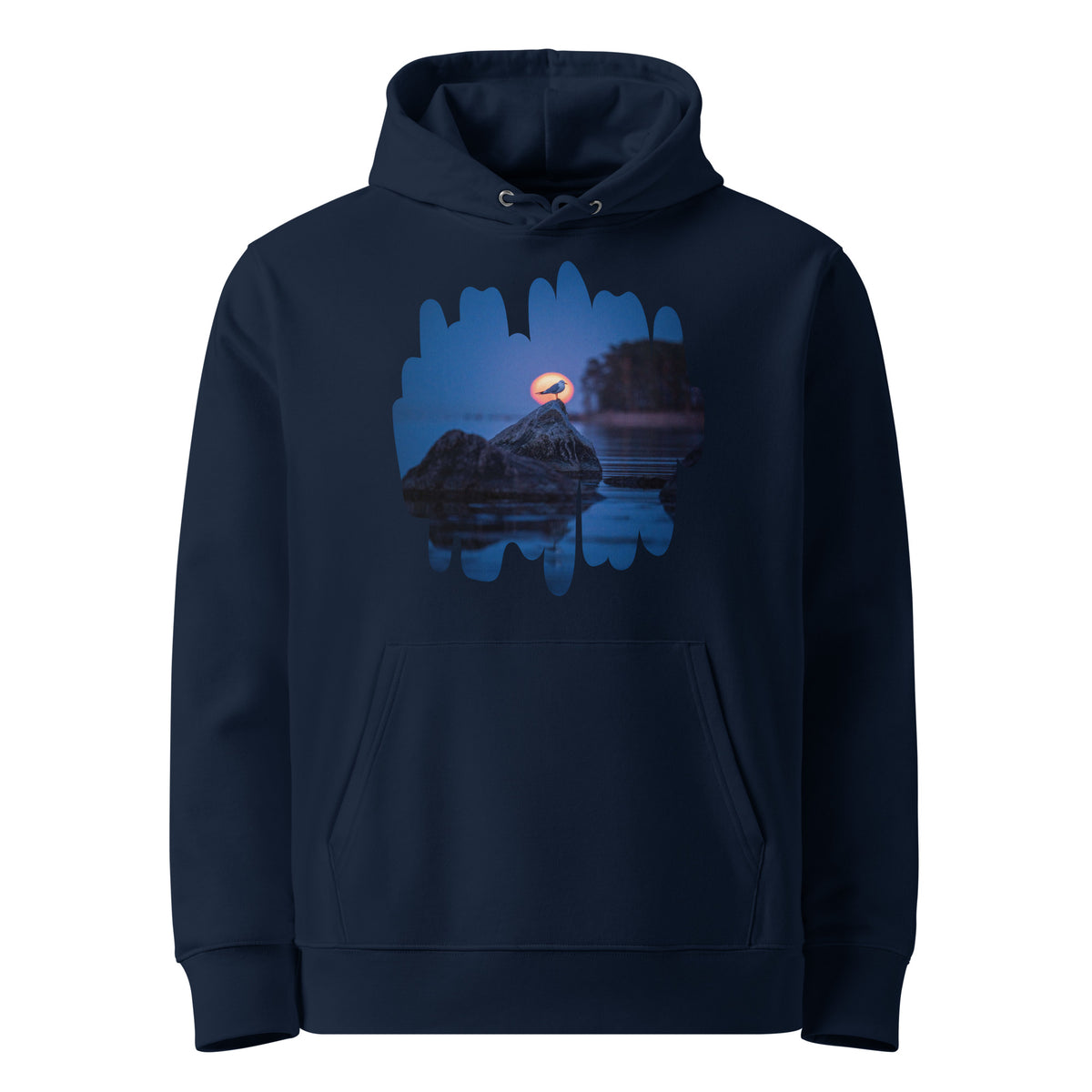 Front view of the French Navy blue sustainable organic cotton hoodie featuring exclusive wildlife photography by Niko Laurila.