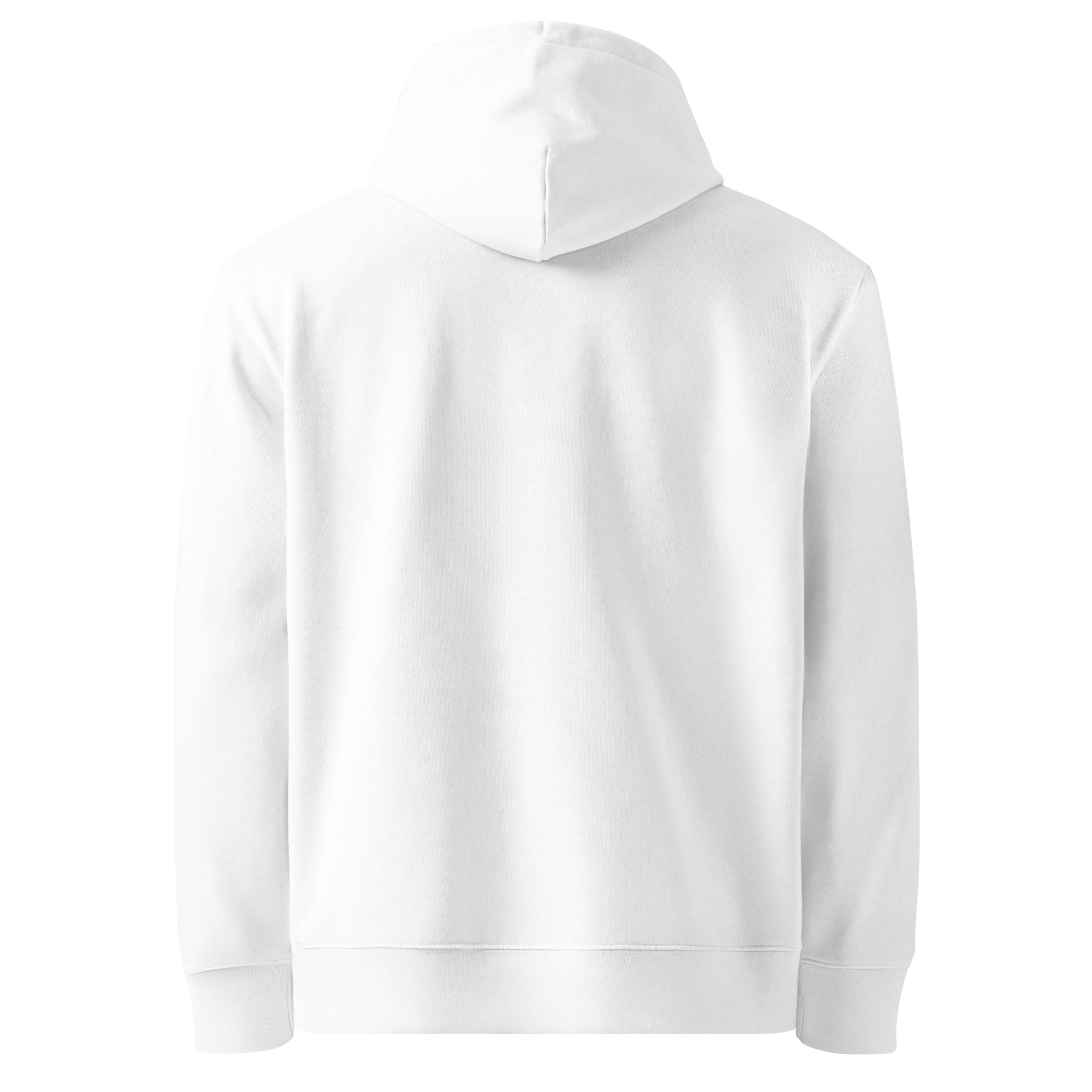 Back view of the heavyweight premium organic cotton unisex hoodie in white. Eco-friendly and durable winter streetwear.