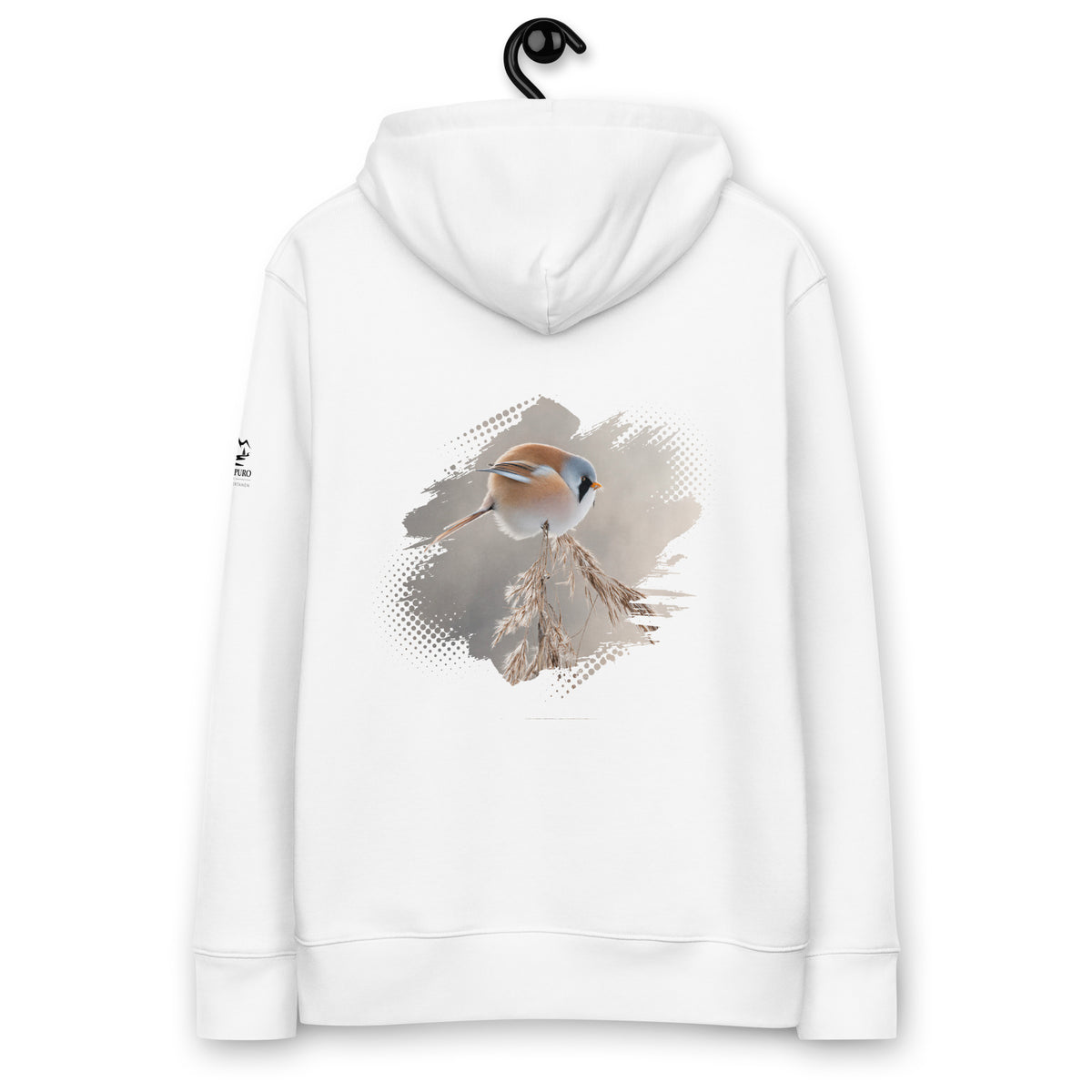 Back view of a sand-colored Novapuro organic eco hoodie featuring a Bearded Reedling wildlife print by Jarno Virtanen. Sustainable Nordic streetwear.