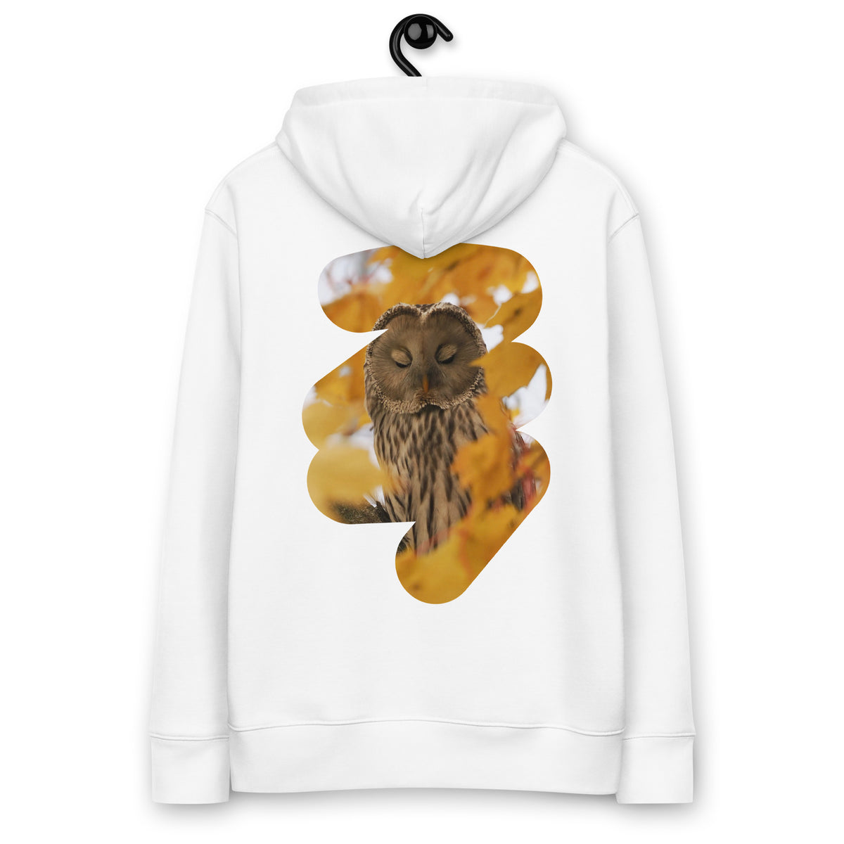 Back view of the premium Ural Owl Organic Eco Hoodie, displaying breathtaking wild owl photography from the Tarja x Novapuro collection.