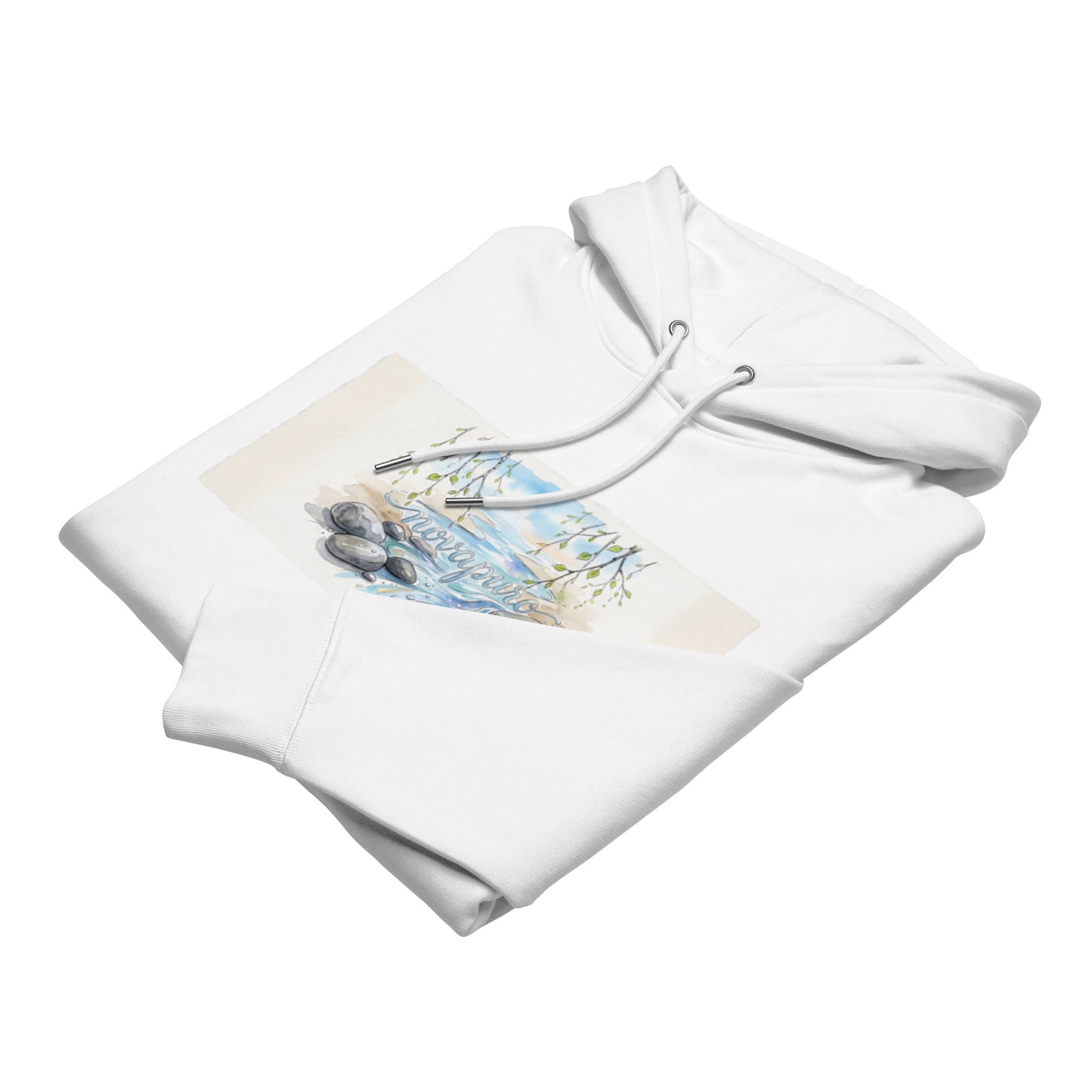 Watercolor painting graphic of a clear Nordic stream with smooth river stones, fresh birch branches, and elegant Novapuro text, used for eco-friendly apparel.