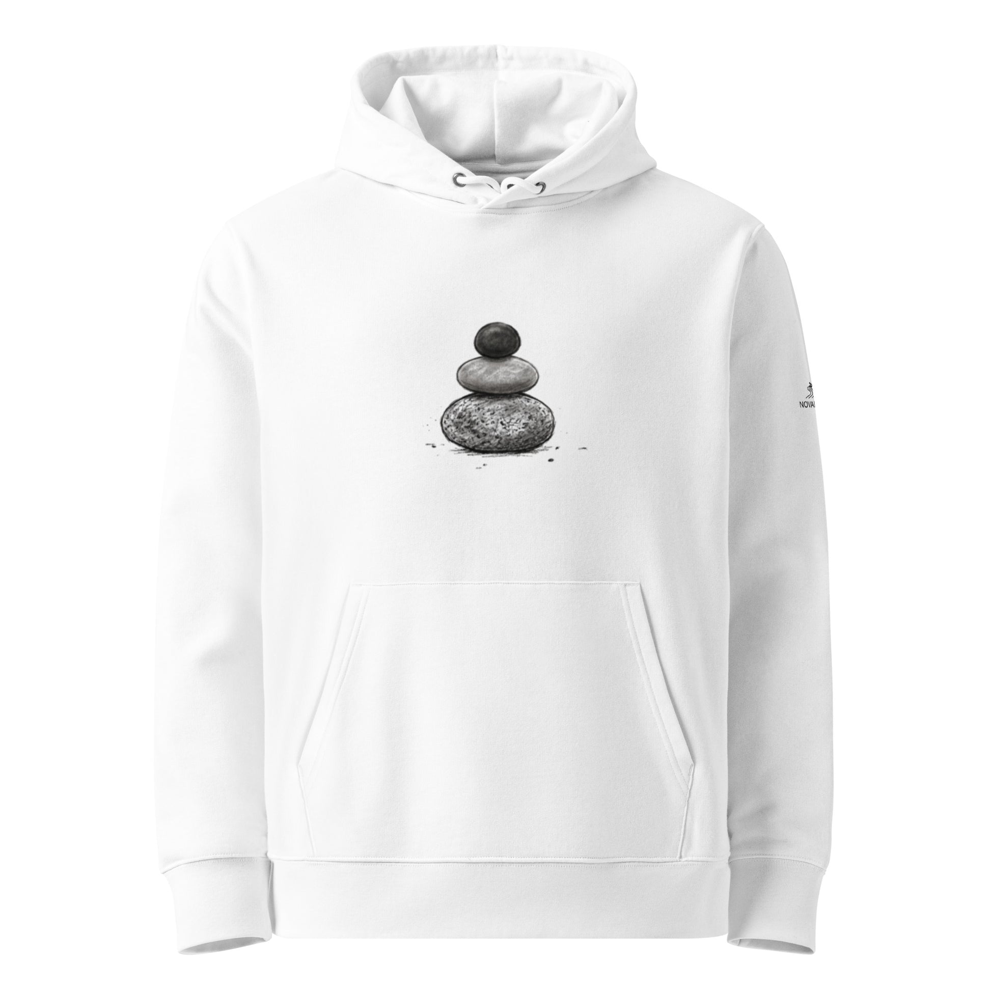 Front view of the white Novapuro premium organic cotton hoodie featuring a minimalist Zen stone stack design.