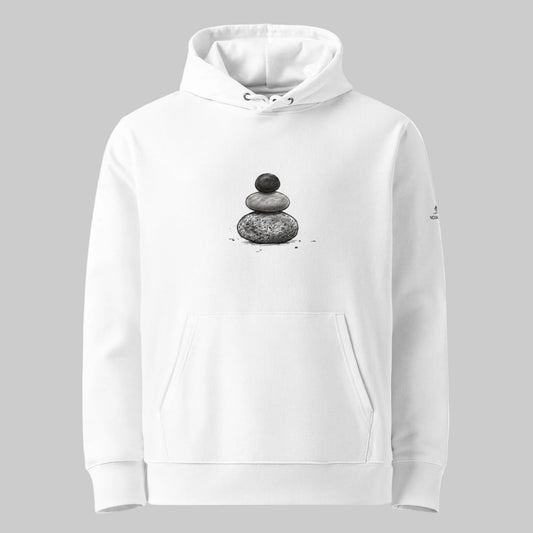 Front view of the white Novapuro premium organic cotton hoodie featuring a minimalist Zen stone stack design.