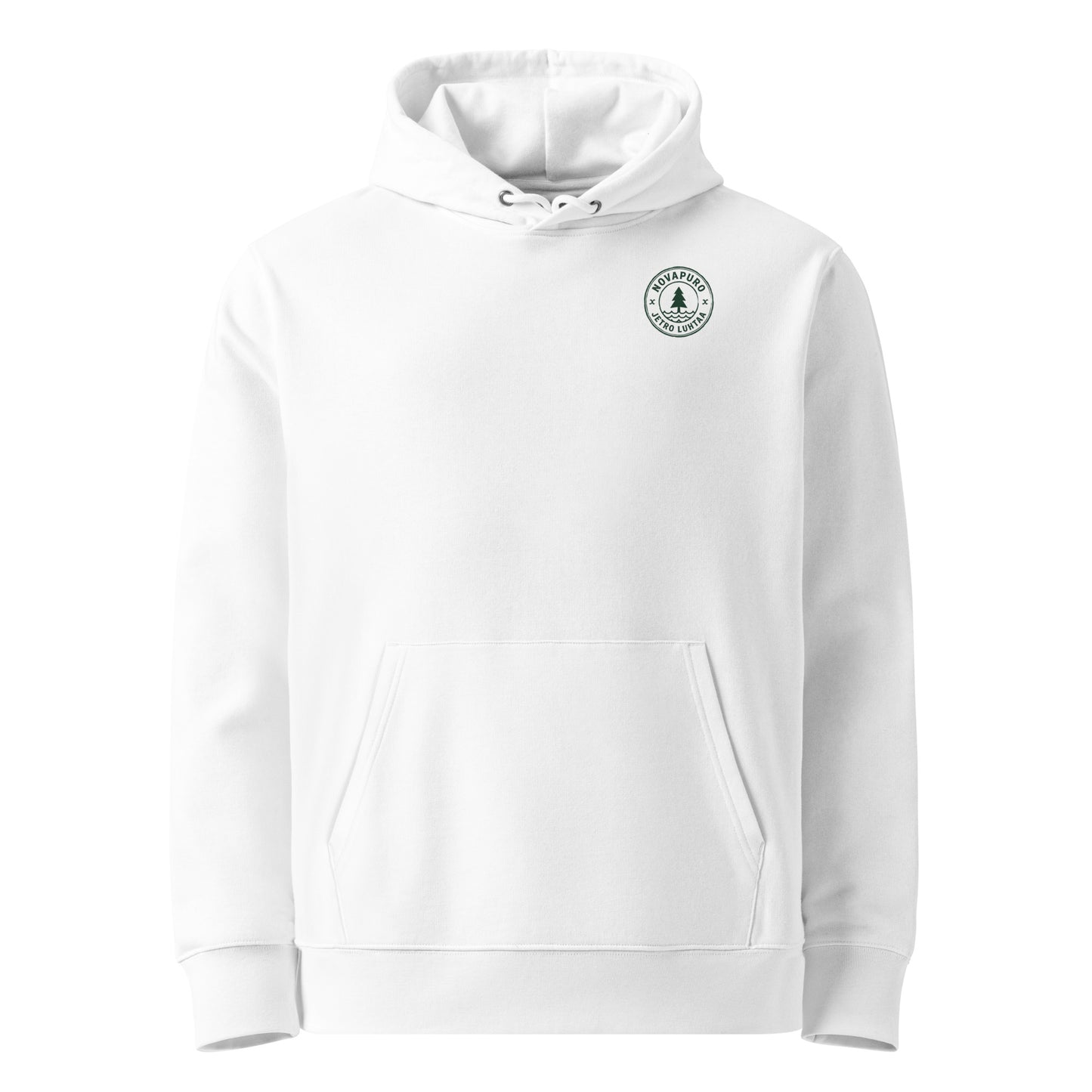 Front view of the eco-friendly white heavyweight organic hoodie from the Jetro Luhtaa nature collection.