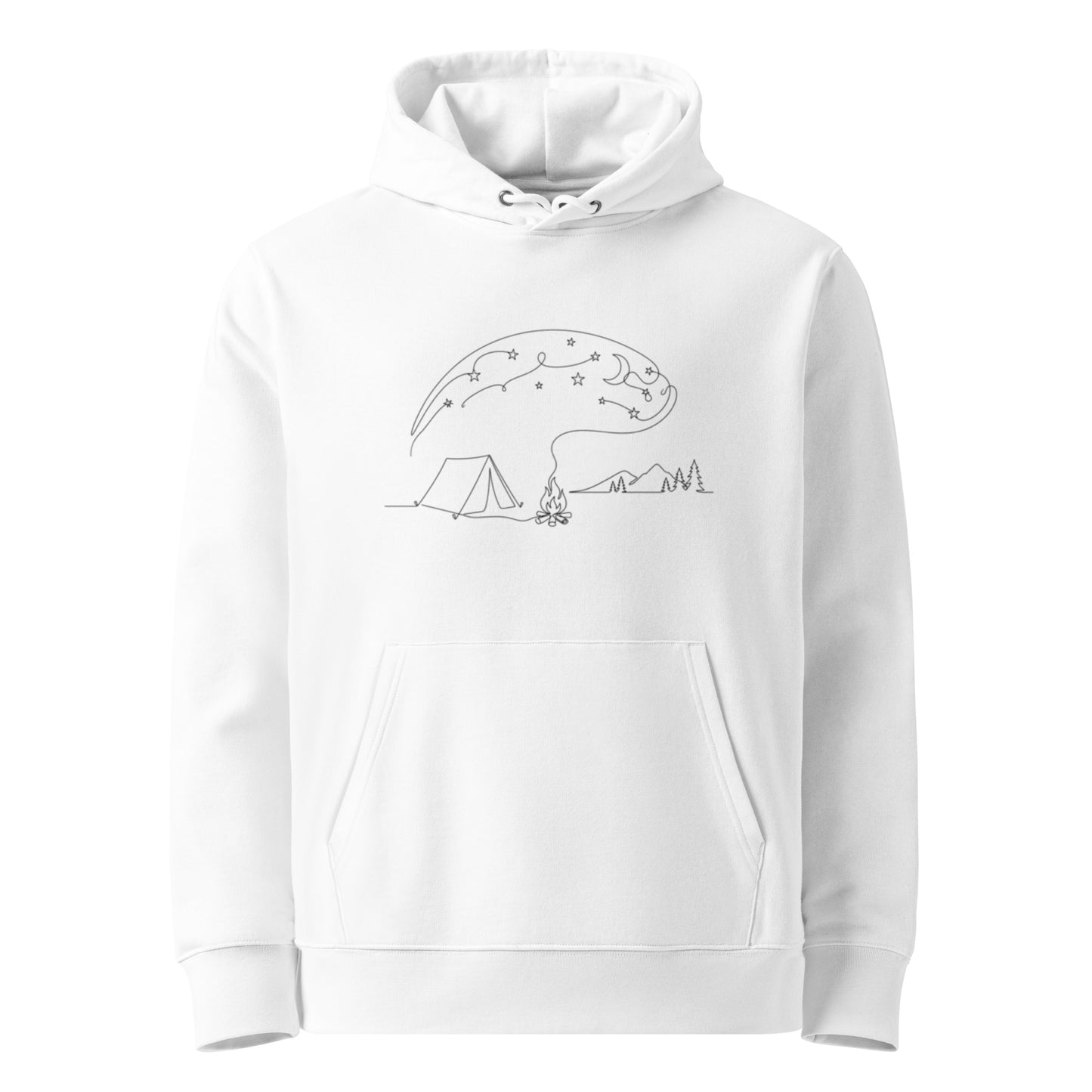 Front view of the white Novapuro organic cotton hoodie featuring a minimalist starry night campfire line art design.