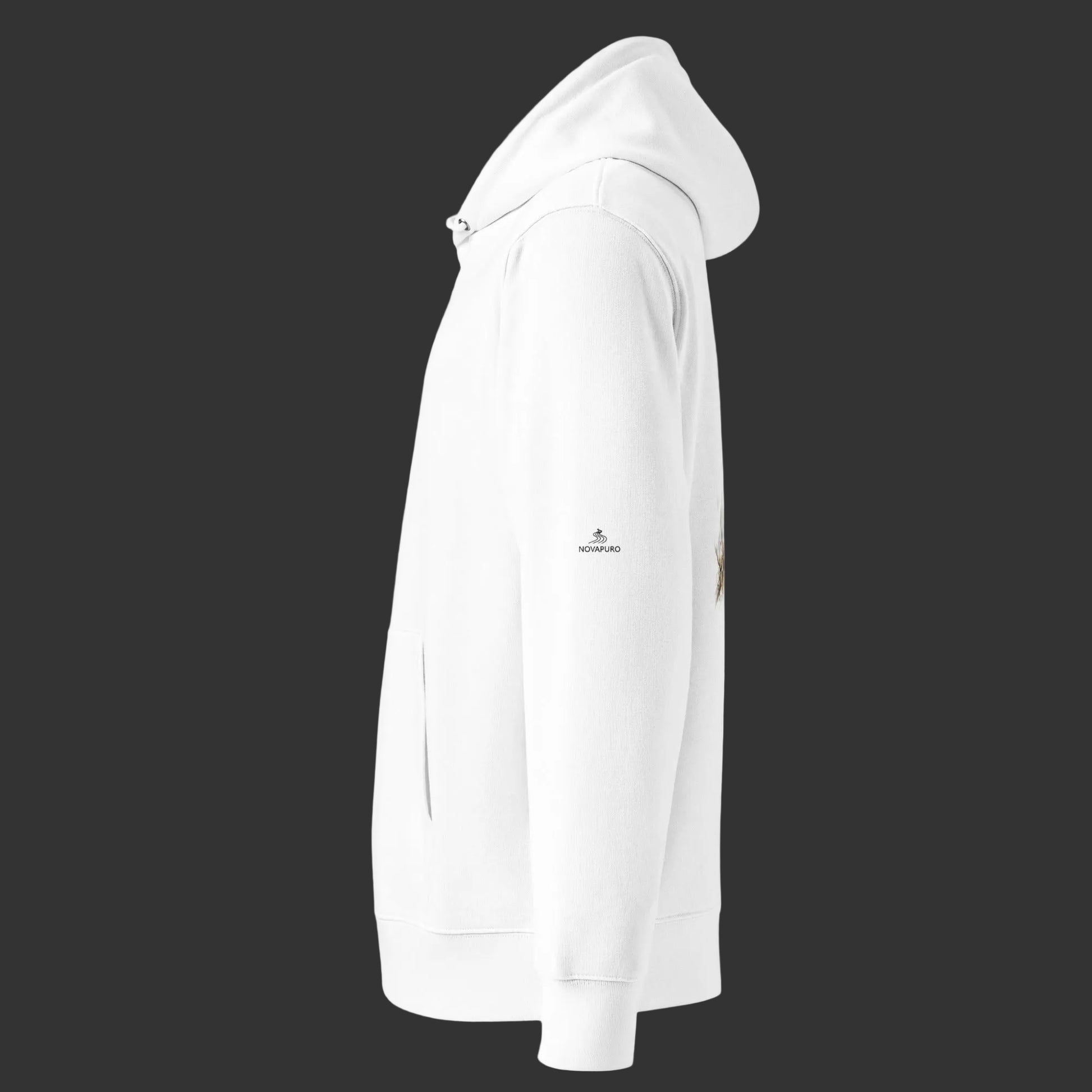 A premium white organic cotton hoodie featuring a beautiful watercolor painting of a Nordic owl on the back and subtle brand logos on the sleeves.