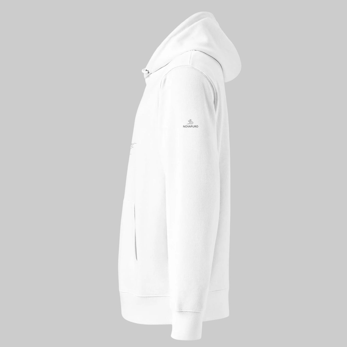 Model wearing the crisp White Novapuro Archipelago Breeze 100% organic cotton eco hoodie