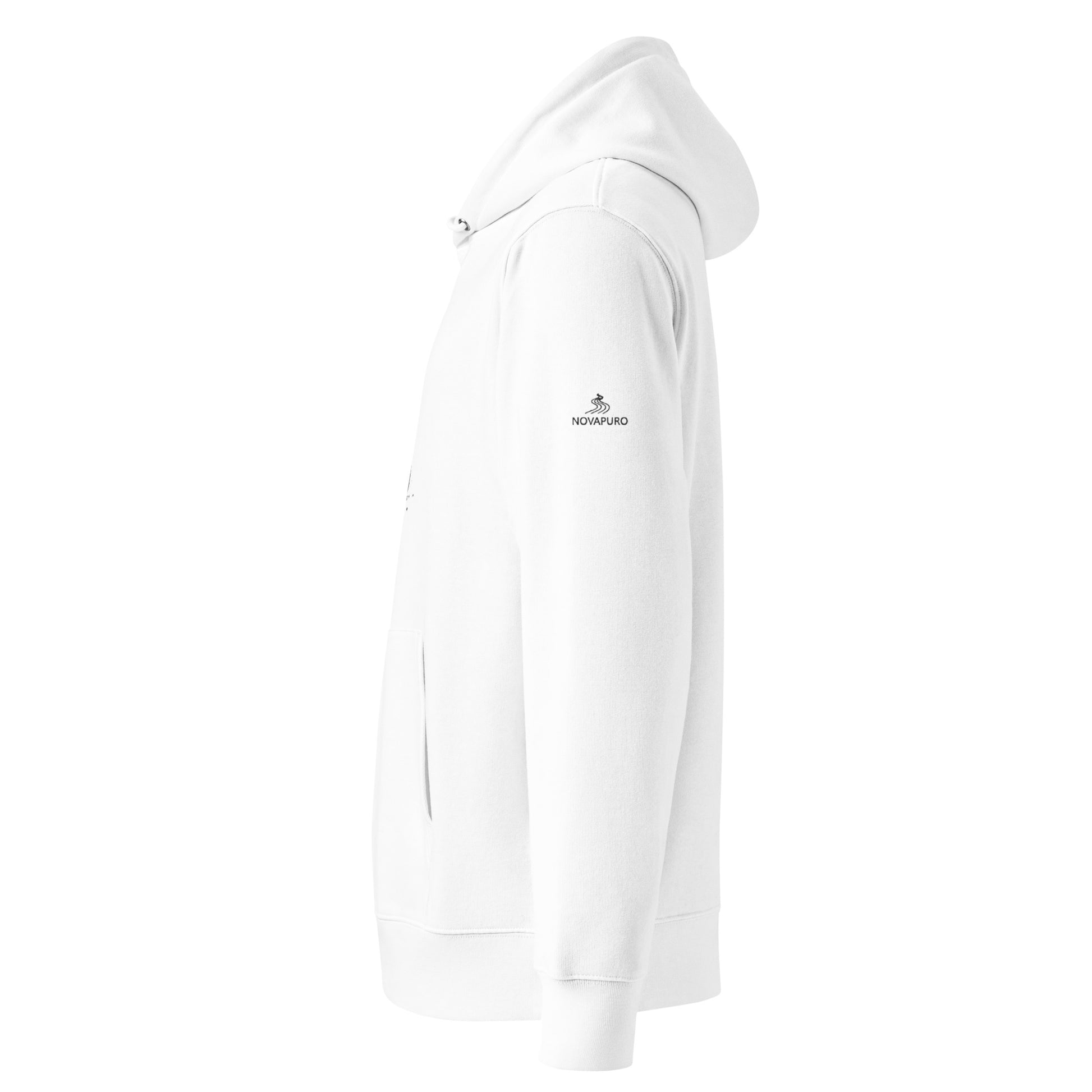 Side view of the clean white Novapuro organic hoodie showing the comfortable regular fit.