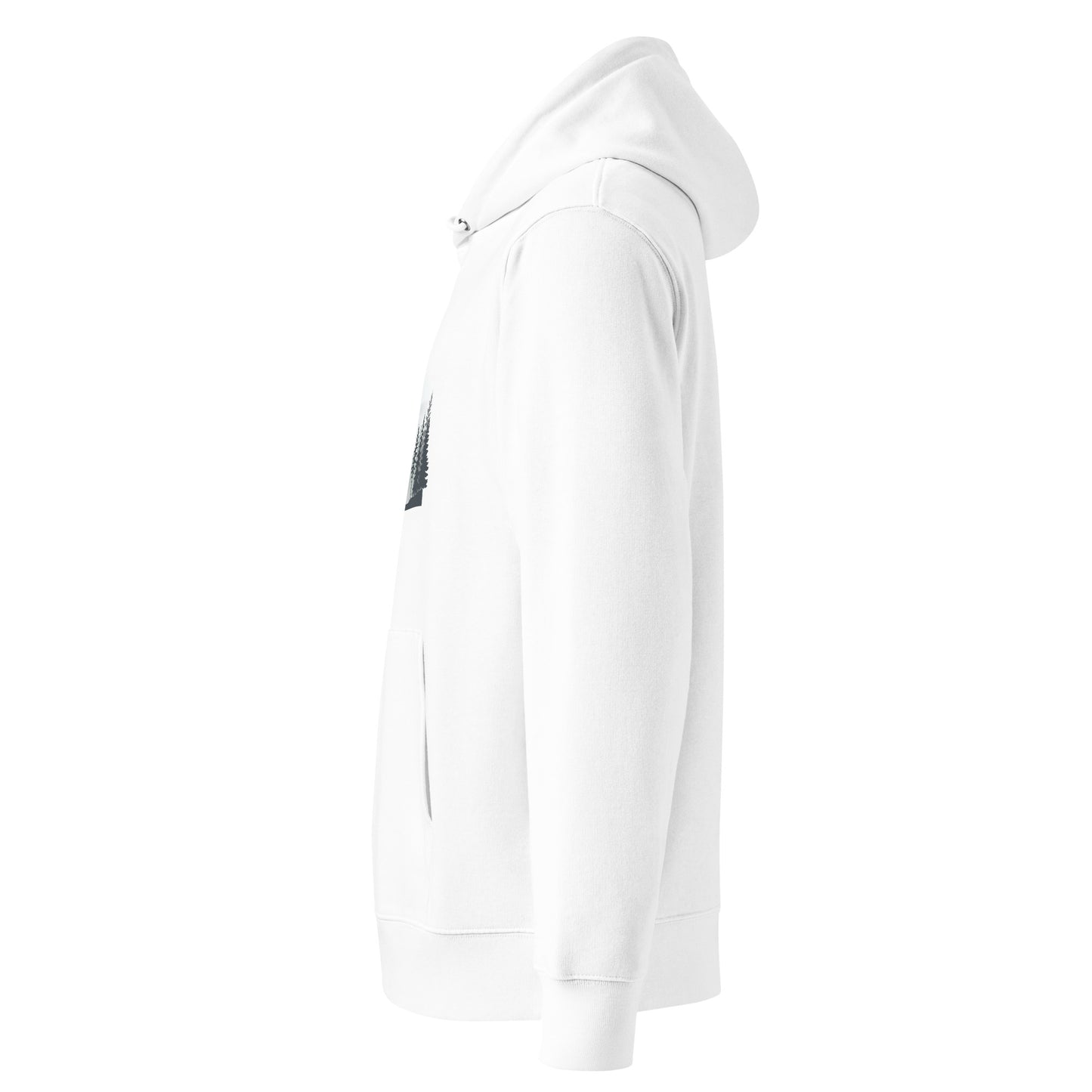 Side view and sleeve fit of the Novapuro Misty Pines sustainable organic hoodie.