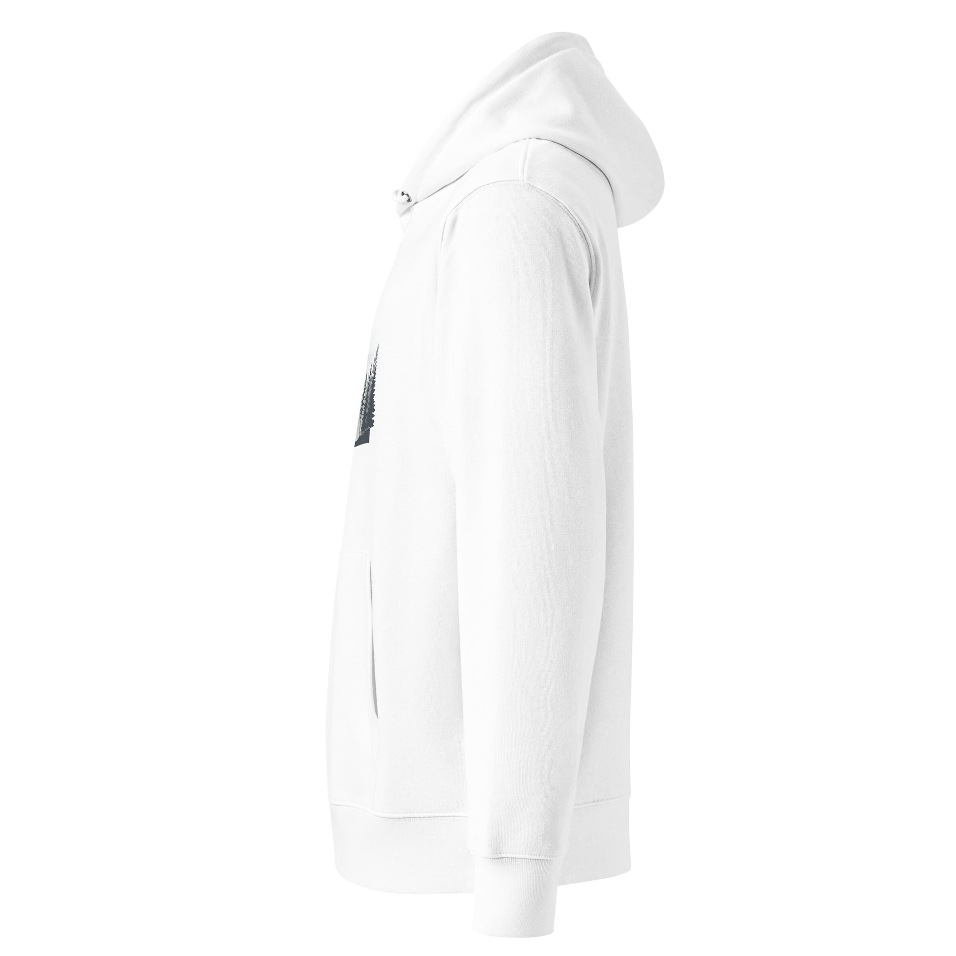 Side view and sleeve fit of the Novapuro Misty Pines sustainable organic hoodie.
